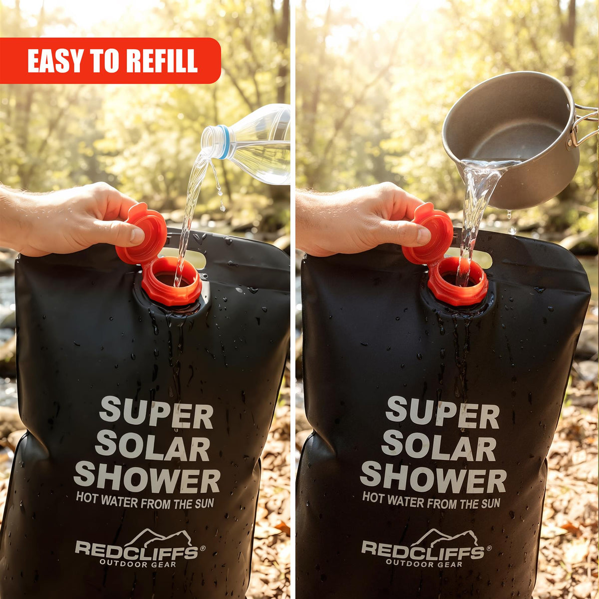 Black Solar Shower Bag shows easy refilling with a bottle and a metal jug