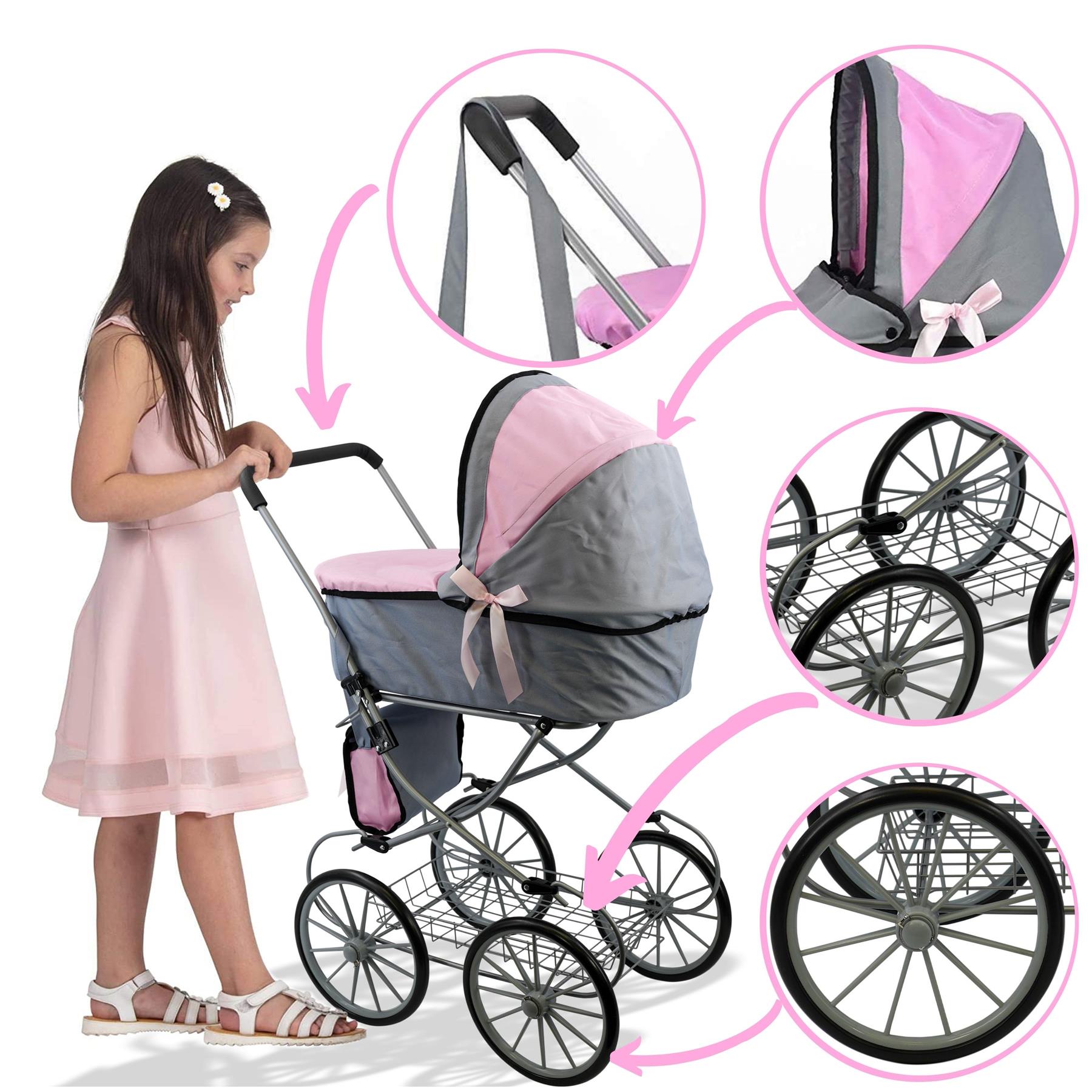 Pink and Grey Vintage Cambridge Doll Pram by BiBi Doll - The Magic Toy Shop