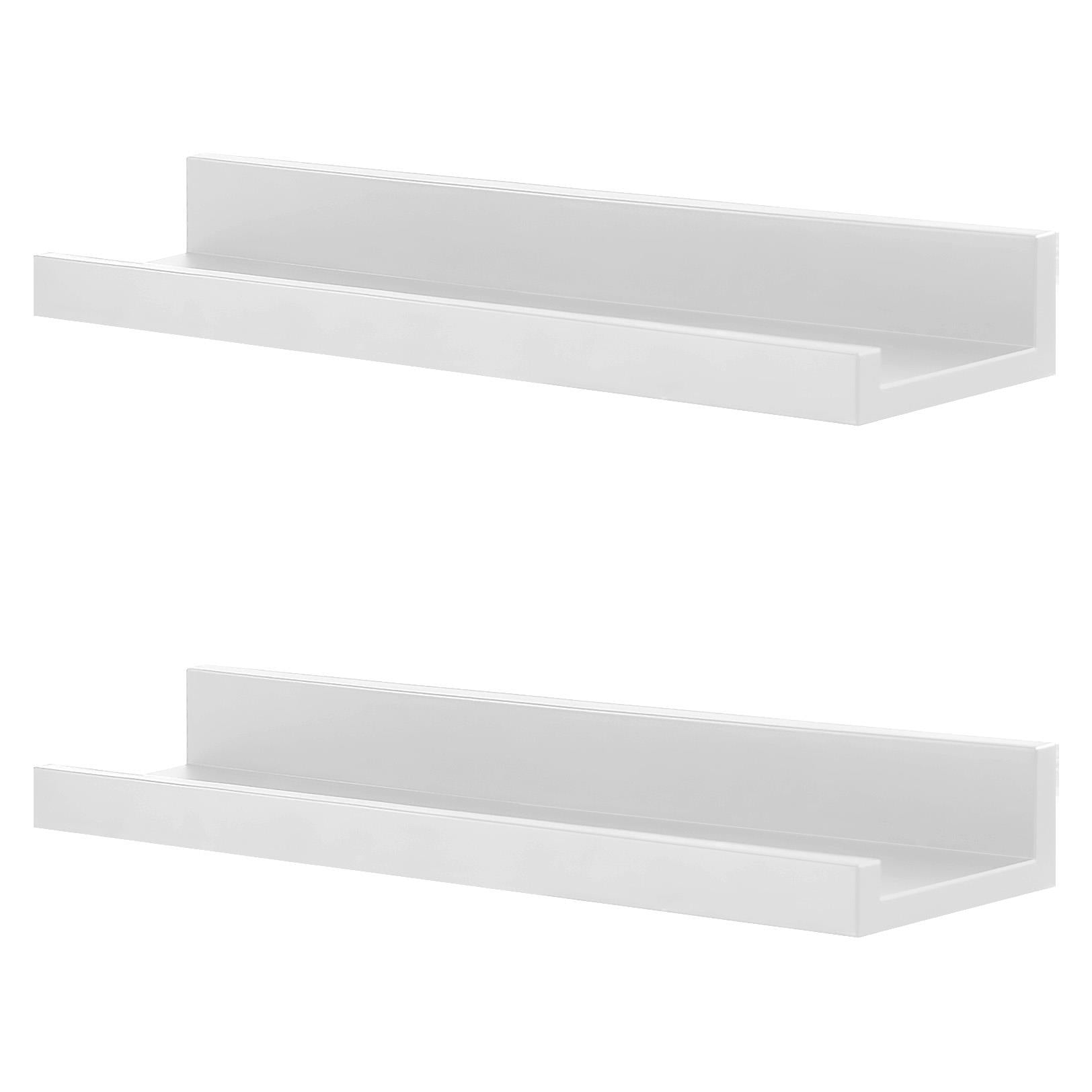 A pair of white, wall-mounted shelves with a minimalist design, featuring a flat, flat-to- wall mounting system for easy installation. - The Magic Toy Shop