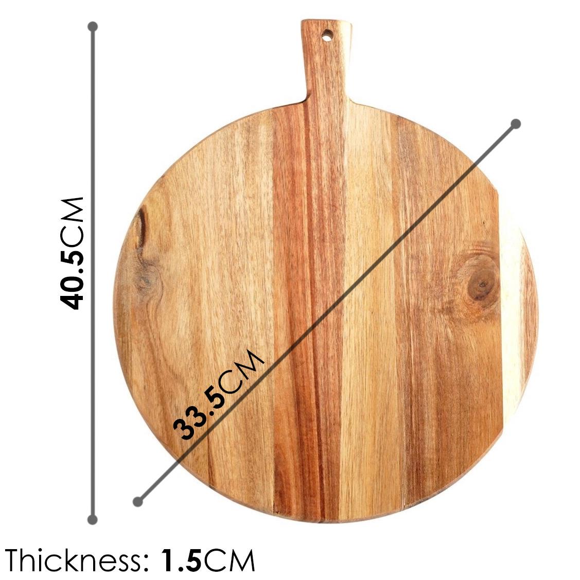 A circular wooden cutting board with a handle, featuring a natural wood grain pattern and a smooth, rounded edge. - The Magic Toy Shop