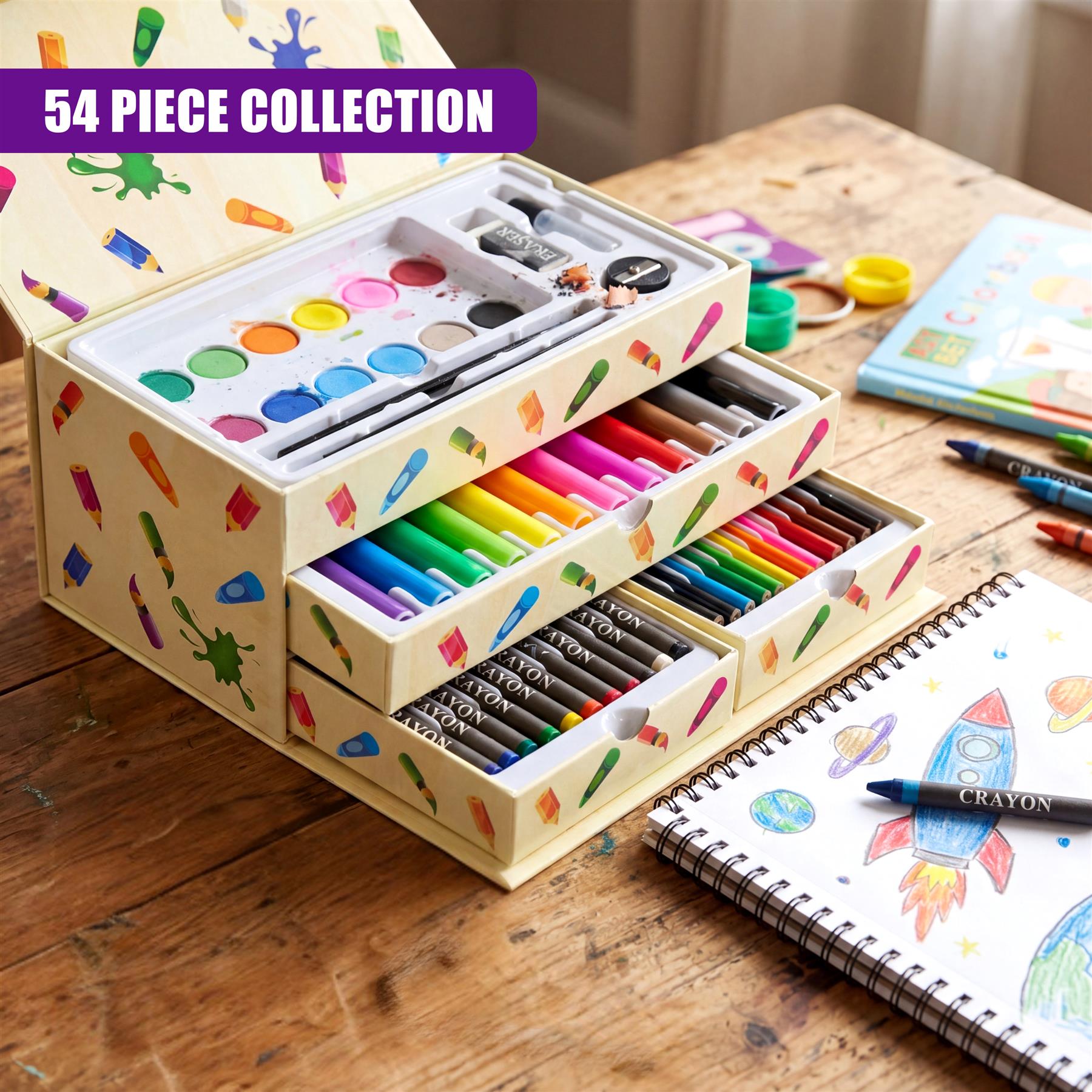 Open wooden storage box with multiple sections holding crayons, markers, and various art tools.
