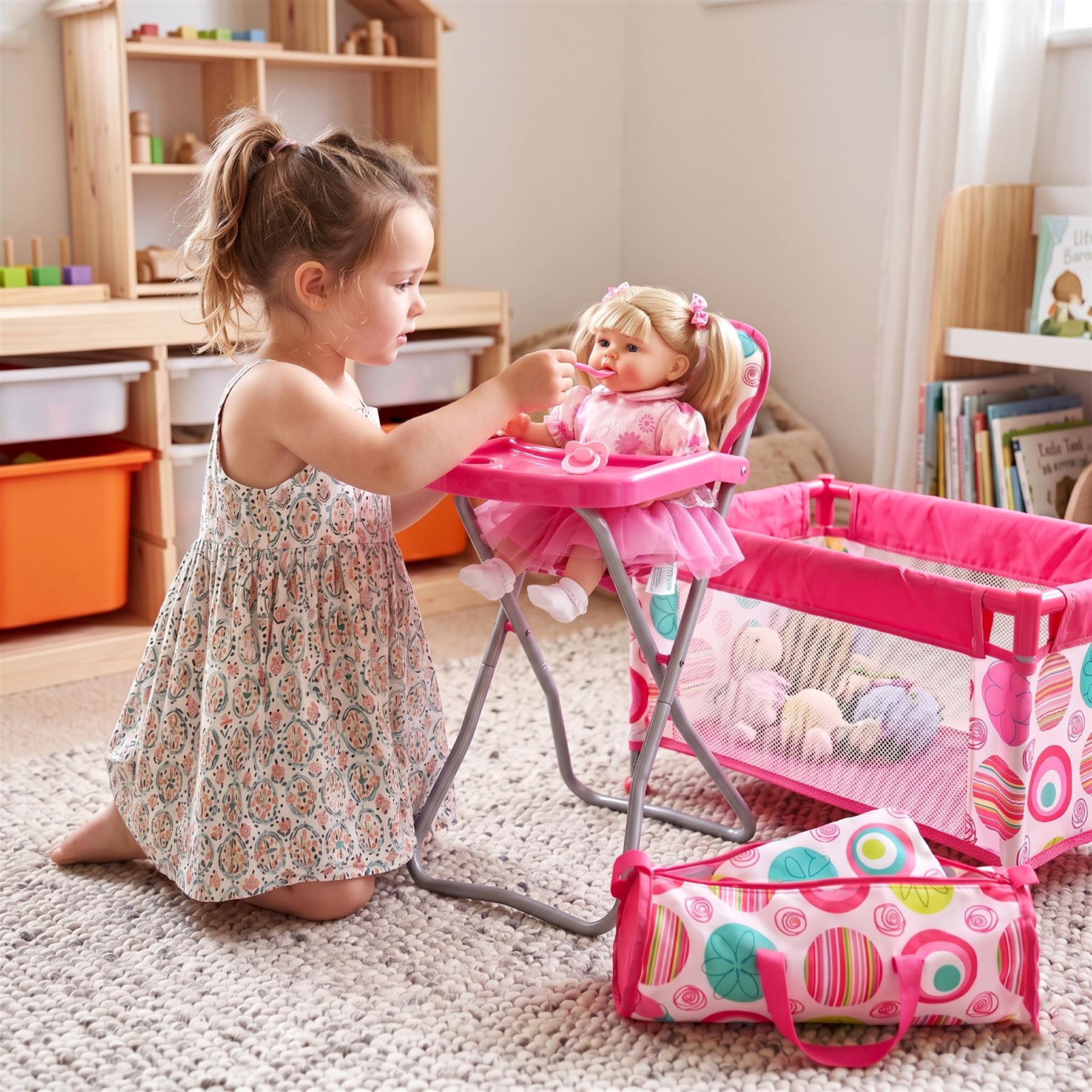 Portable pink doll high chair set, doll, and two coordinating patterned travel storage bins.