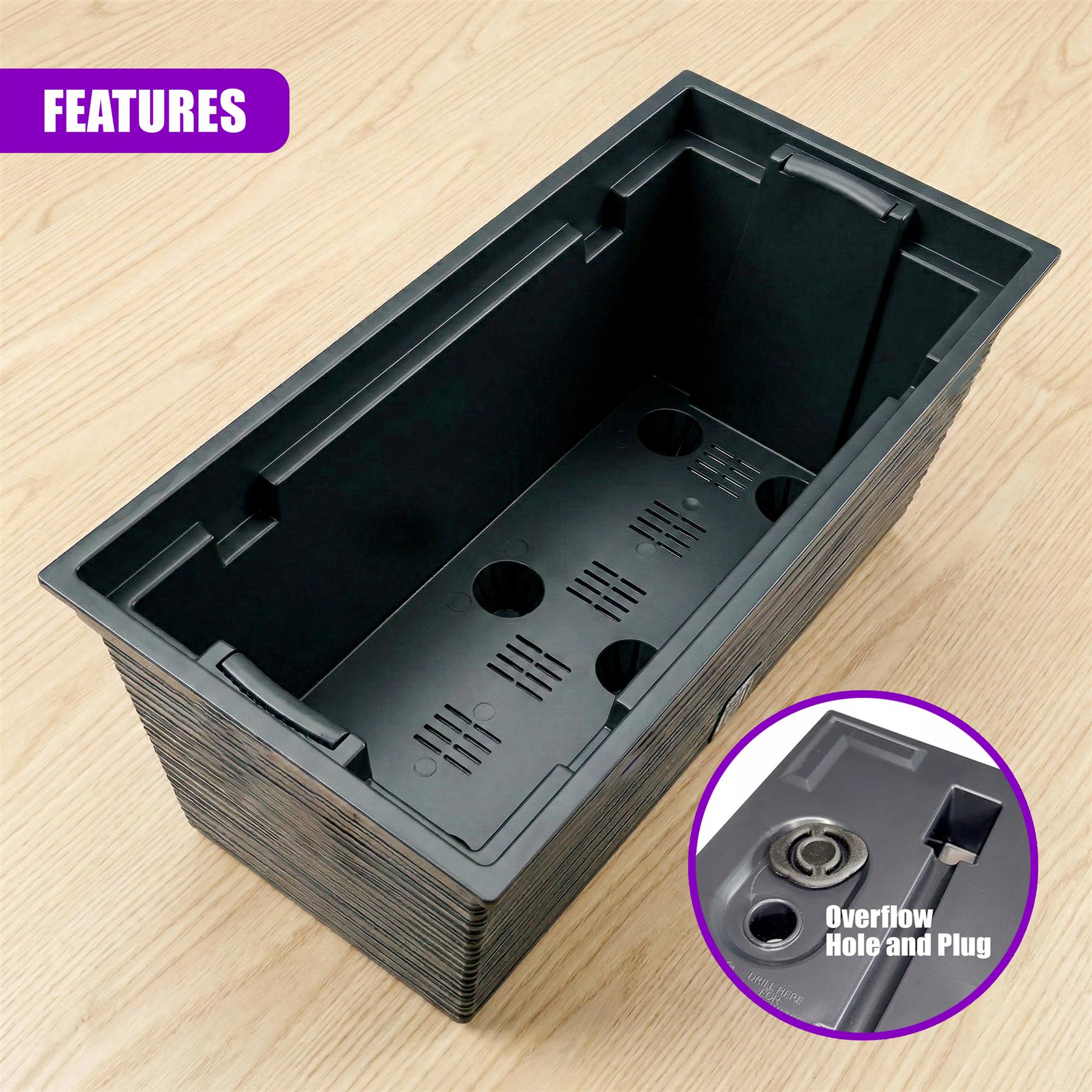 Black rectangular planter box showing multiple drainage holes and a detailed overflow hole plug.