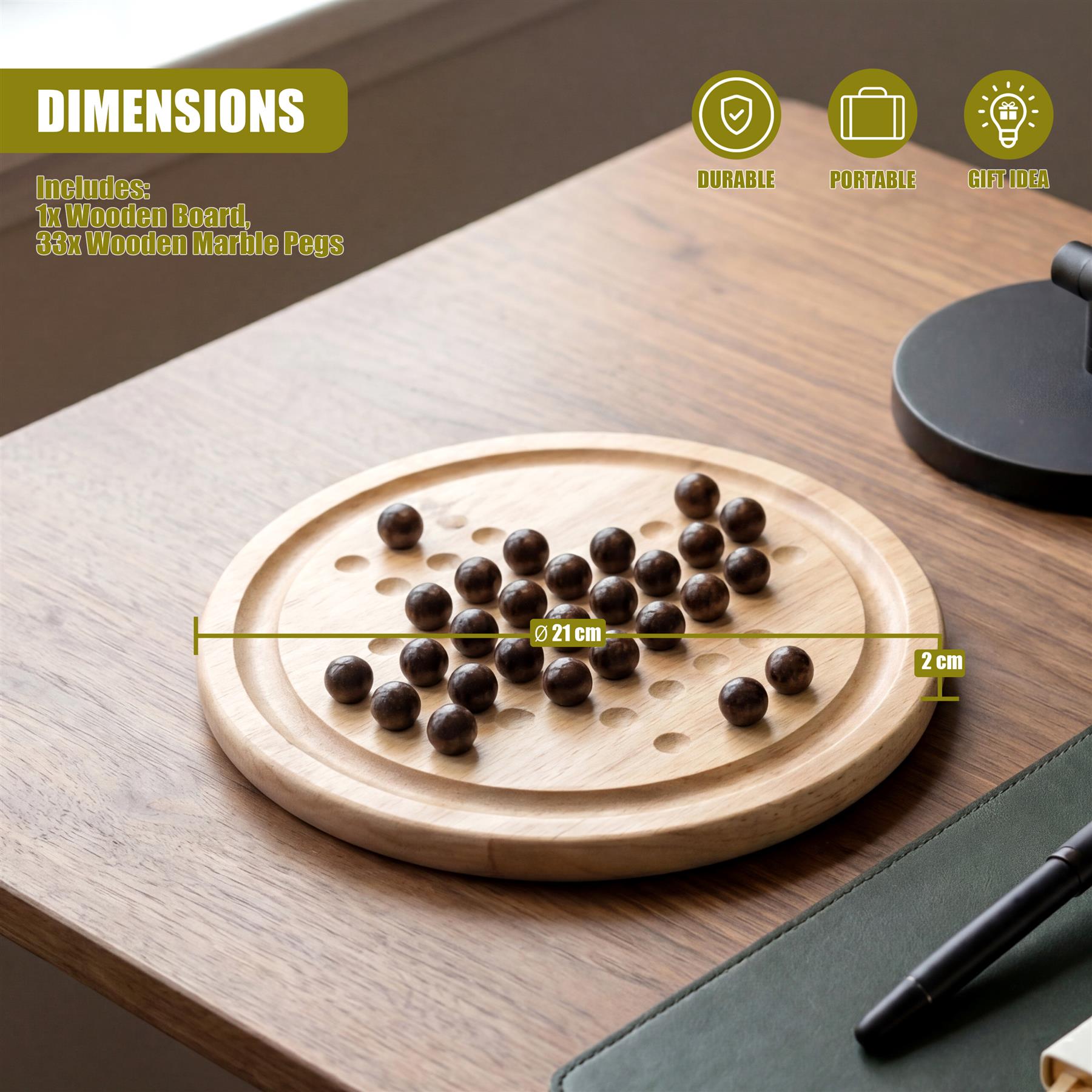 Wooden solitaire board and pegs shown with dimensions for product size.