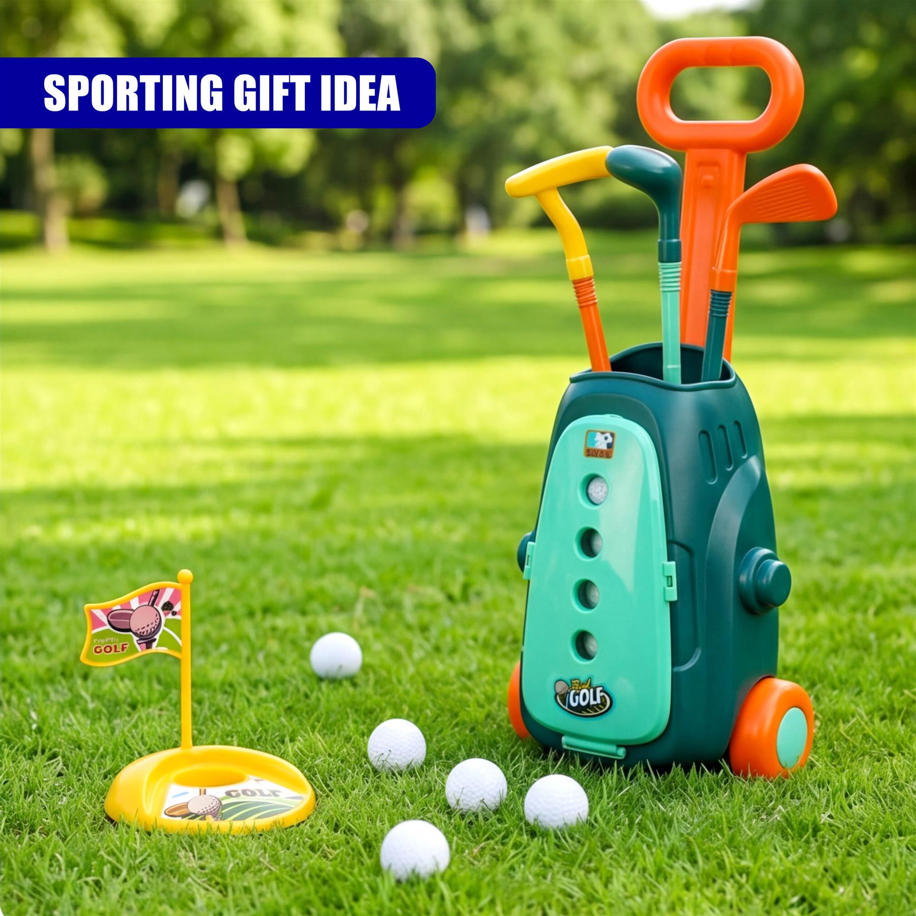 Green plastic golf club set, cart, multiple colorful clubs, white balls, and yellow marker on grass.