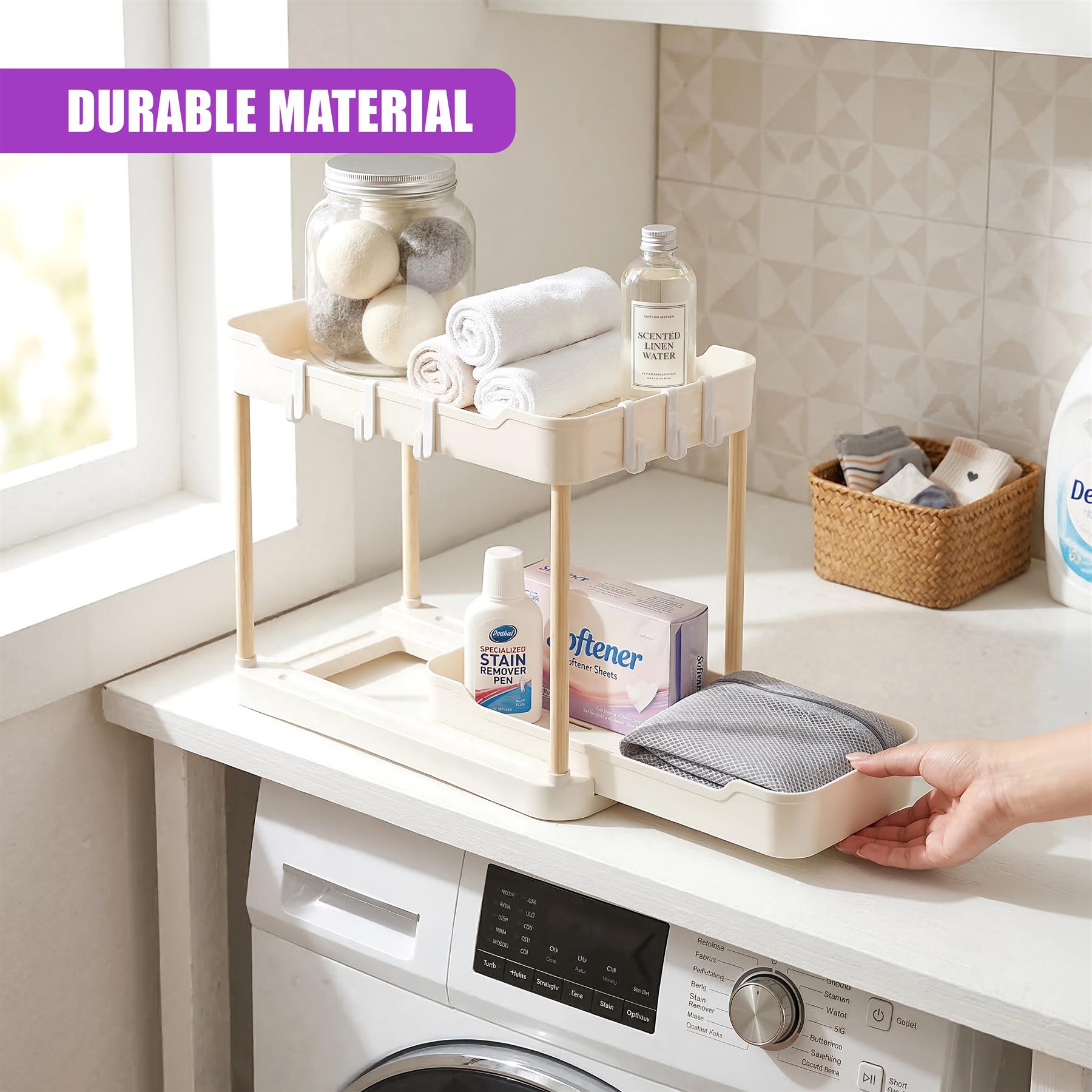 Two-tiered white laundry organizer holding detergent, towels, and various cleaning supplies.