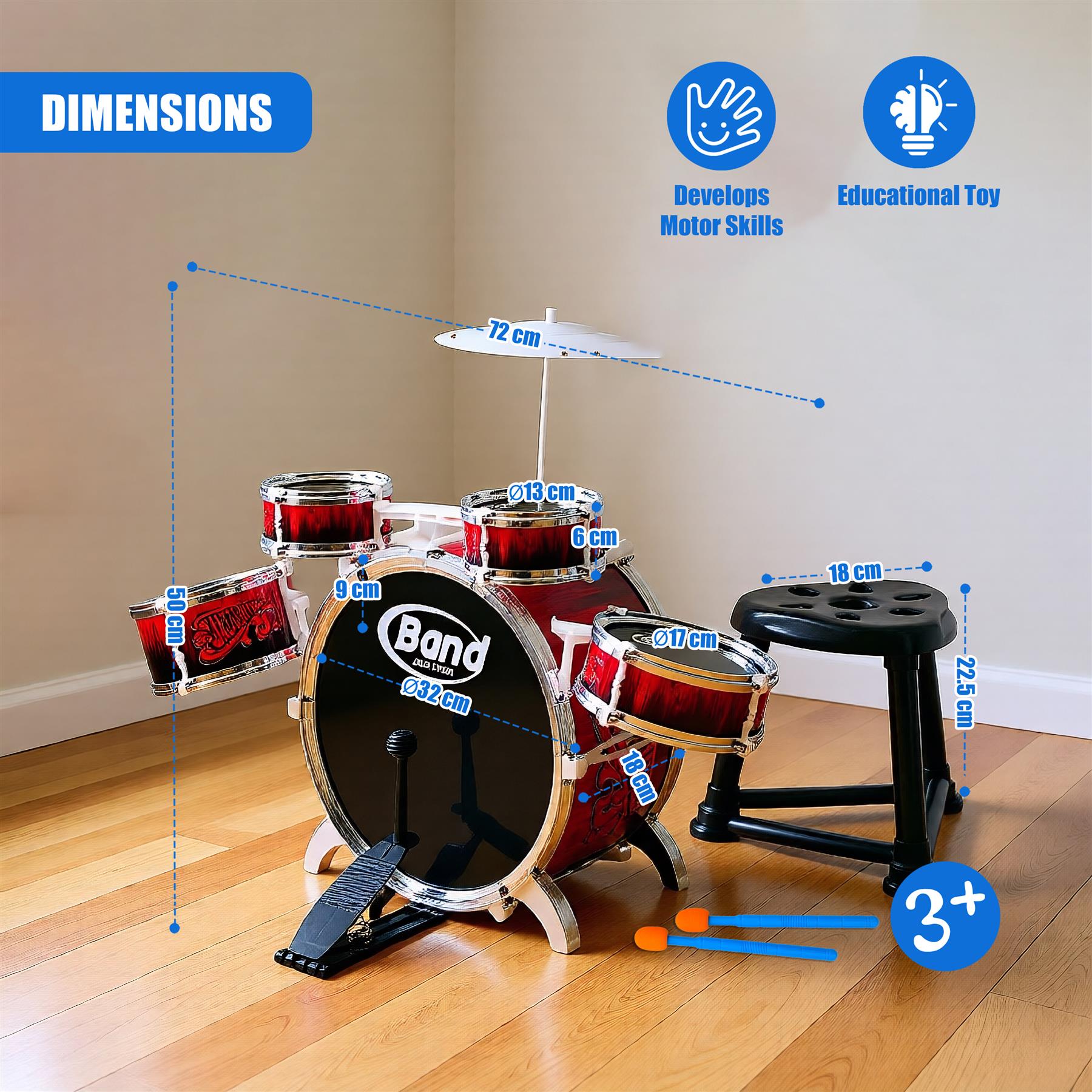 A child's drum playset with a stool, providing interactive entertainment and educational experience through imaginative play. - The Magic Toy Shop
