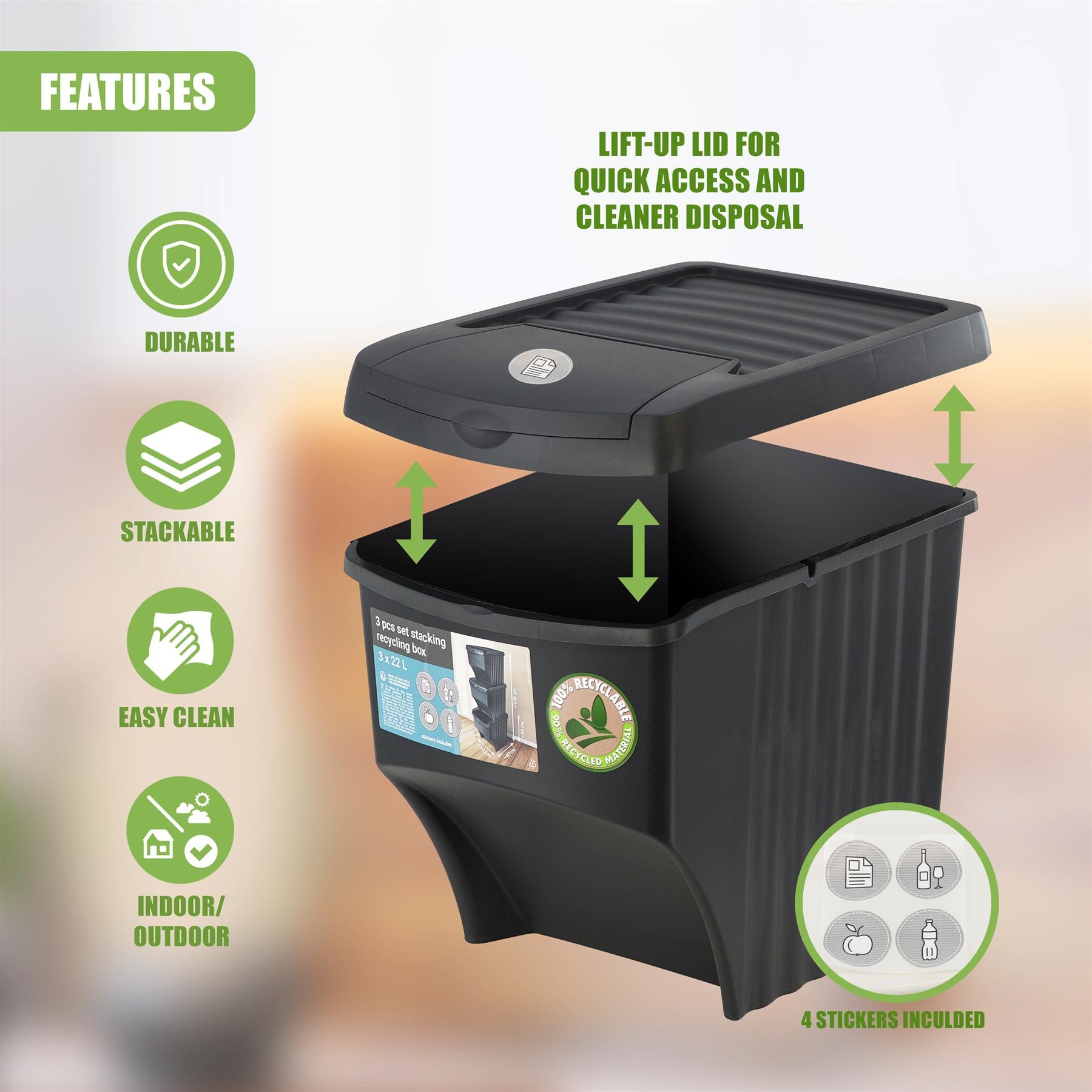 25 L set of 3 Large Plastic Waste Recycling Bin With Lids by Geezy - The Magic Toy Shop