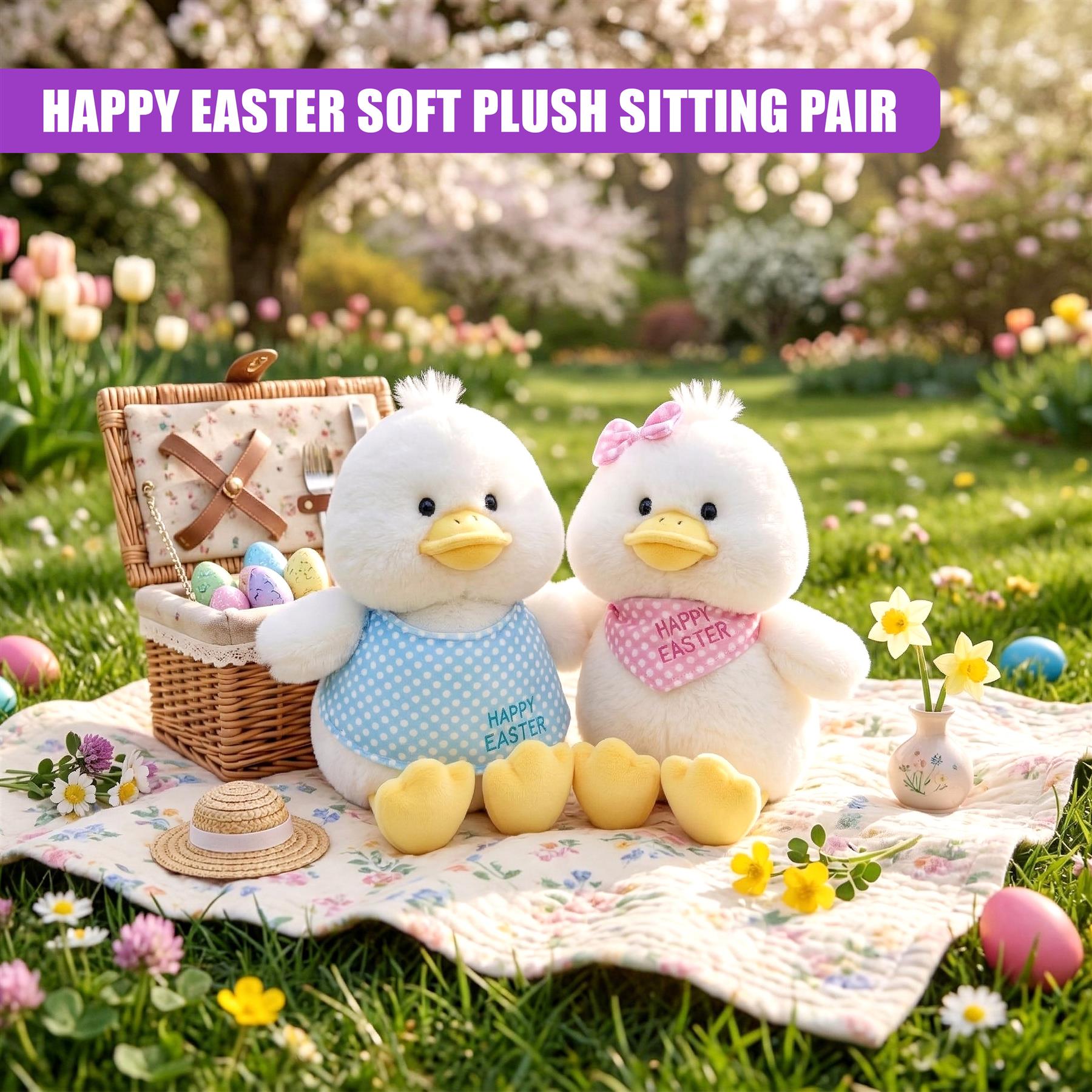 Two stuffed chicks sit beside a basket of pastel eggs on a patterned woven fabric.