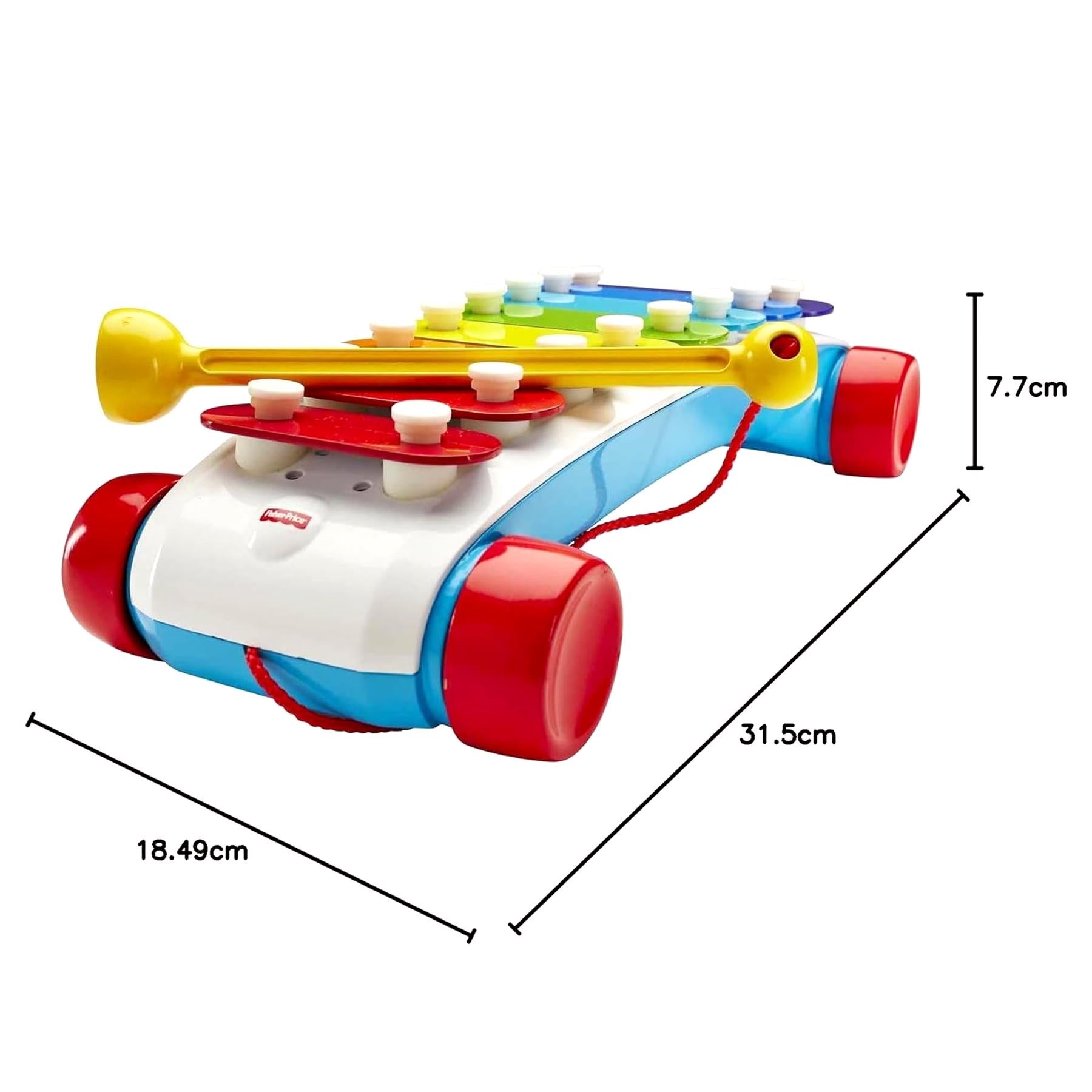 Colorful plastic toy pull-xylophone featuring keys, a rope, and visible dimensions measurements.