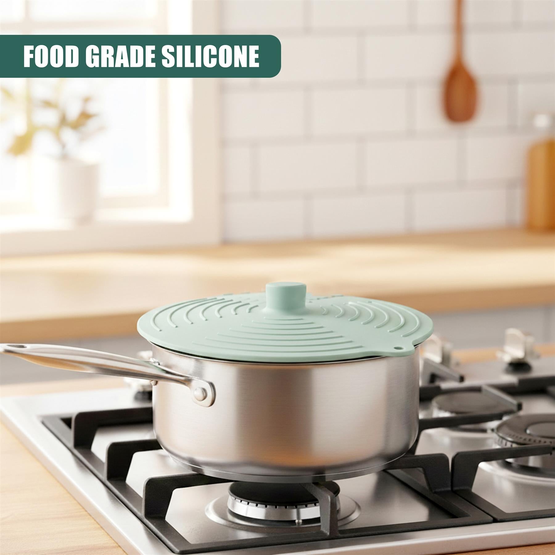 Silicone lid covers a stainless steel pot positioned on a gas stovetop.