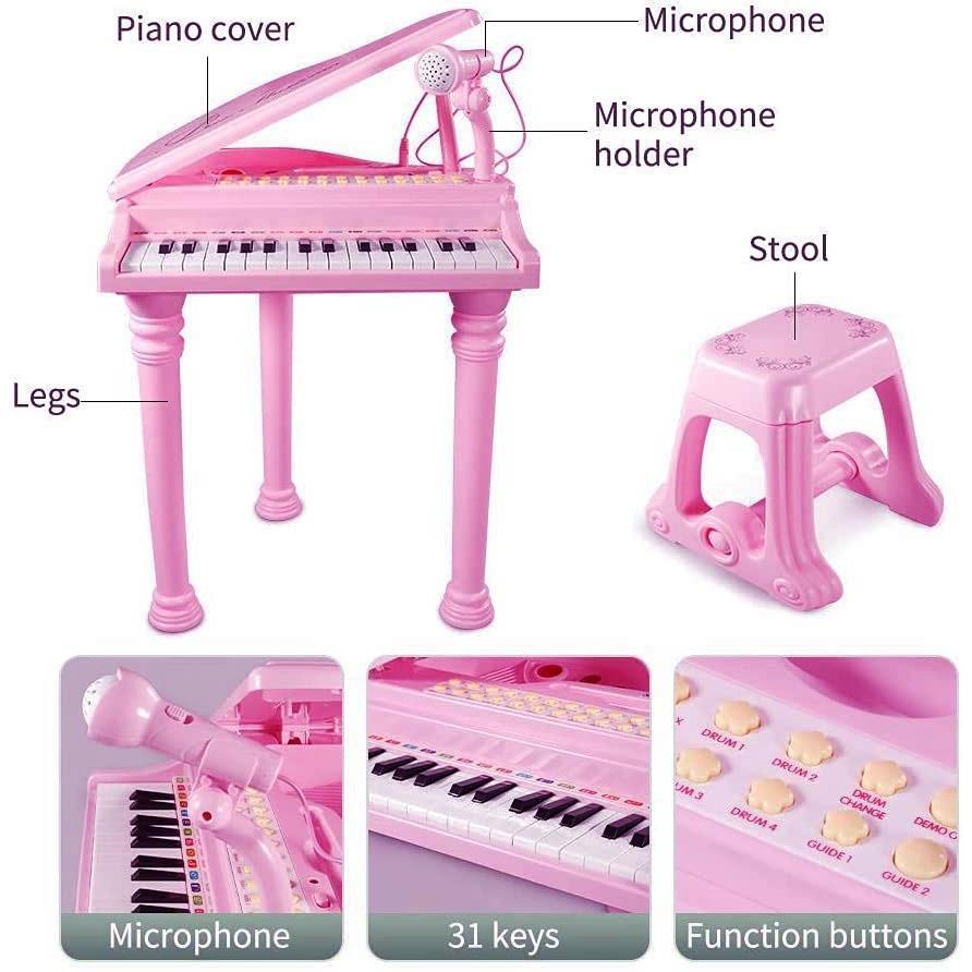 Pink Electronic Piano With Microphone and Stool by The Magic Toy Shop - The Magic Toy Shop