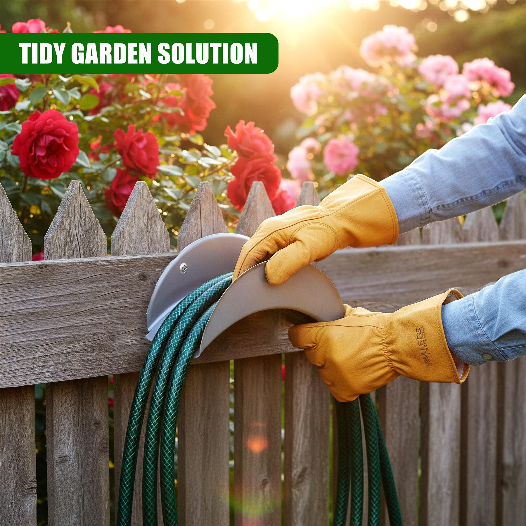 Hands position a curved metal hose holder onto a wooden fence, supporting multiple green garden hoses.