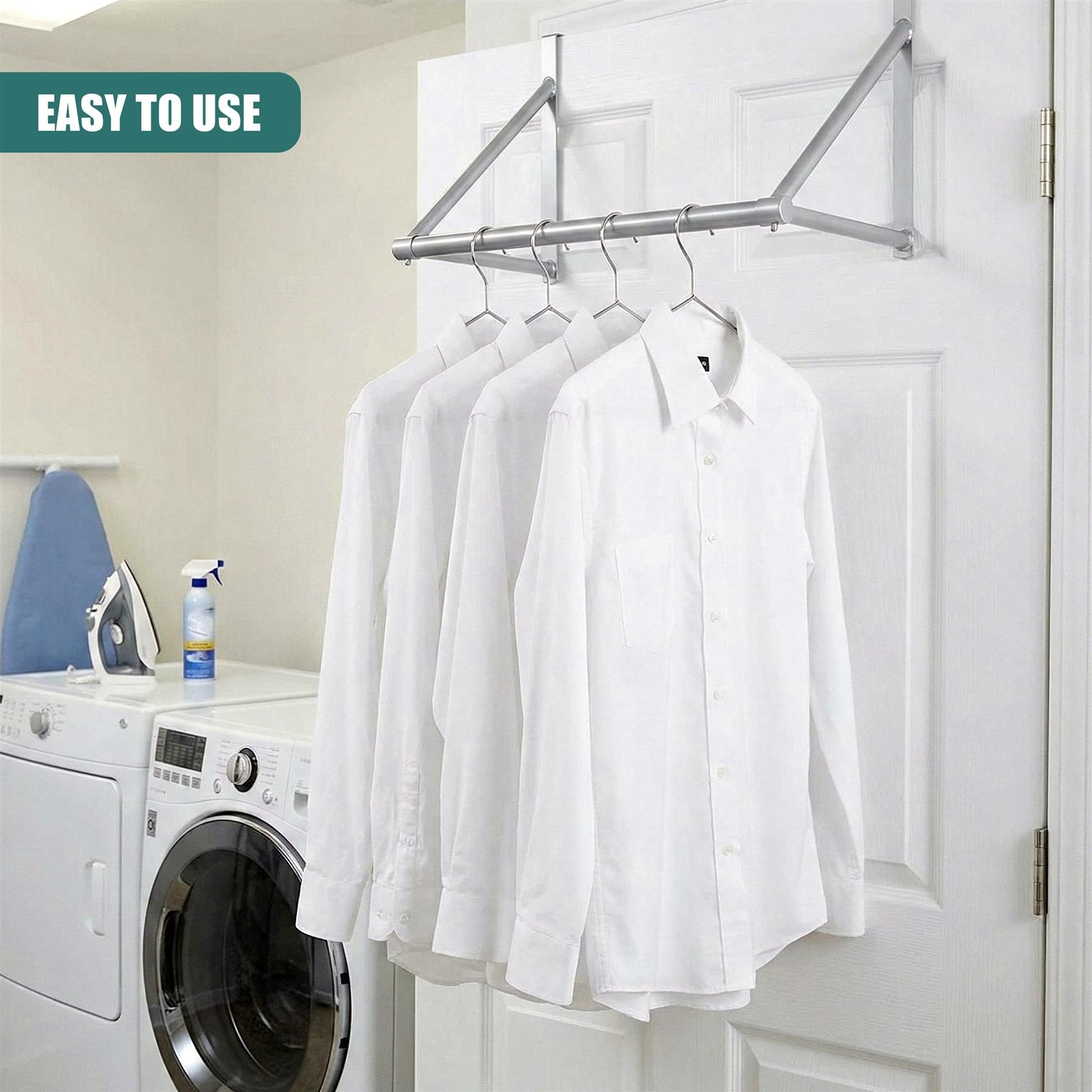 A hanging closet organizer with a silver metal frame and multiple hooks, holding up three white dress shirts. - The Magic Toy Shop