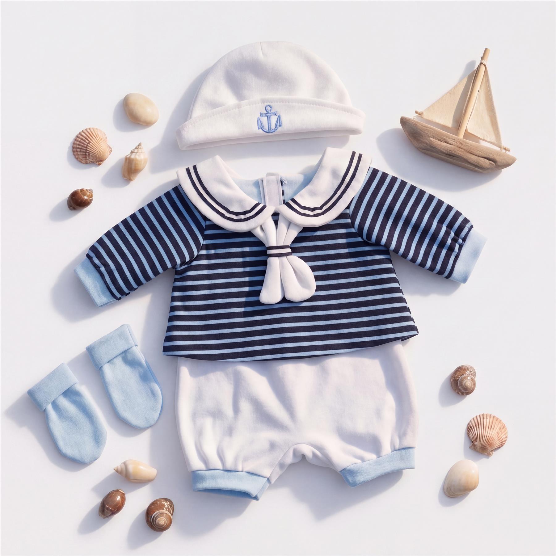 Striped sailor doll outfit set including shirt, collar, pants, hat, and socks.