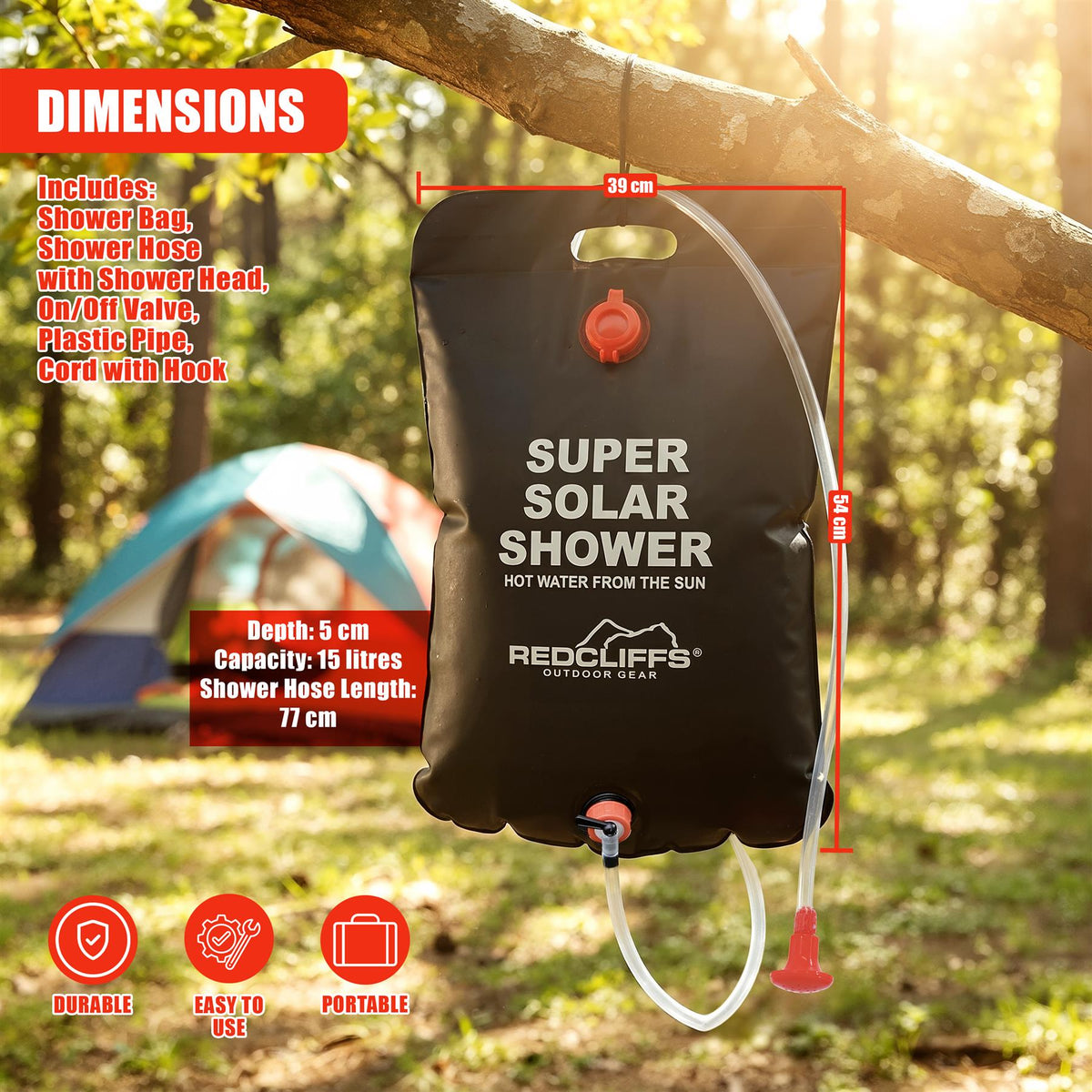 GEEZY Solar Shower Bag, a black PVC container with a hose, shows dimensions and features