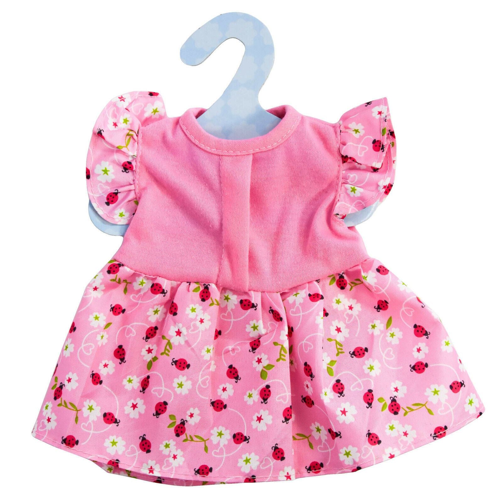 A pink dress with a ladybug and flower pattern, hanging on a blue hanger. The dress has a pink top and a skirt with a ladybug and flower design, and is hung on a blue hanger. The background is white. - The Magic Toy Shop