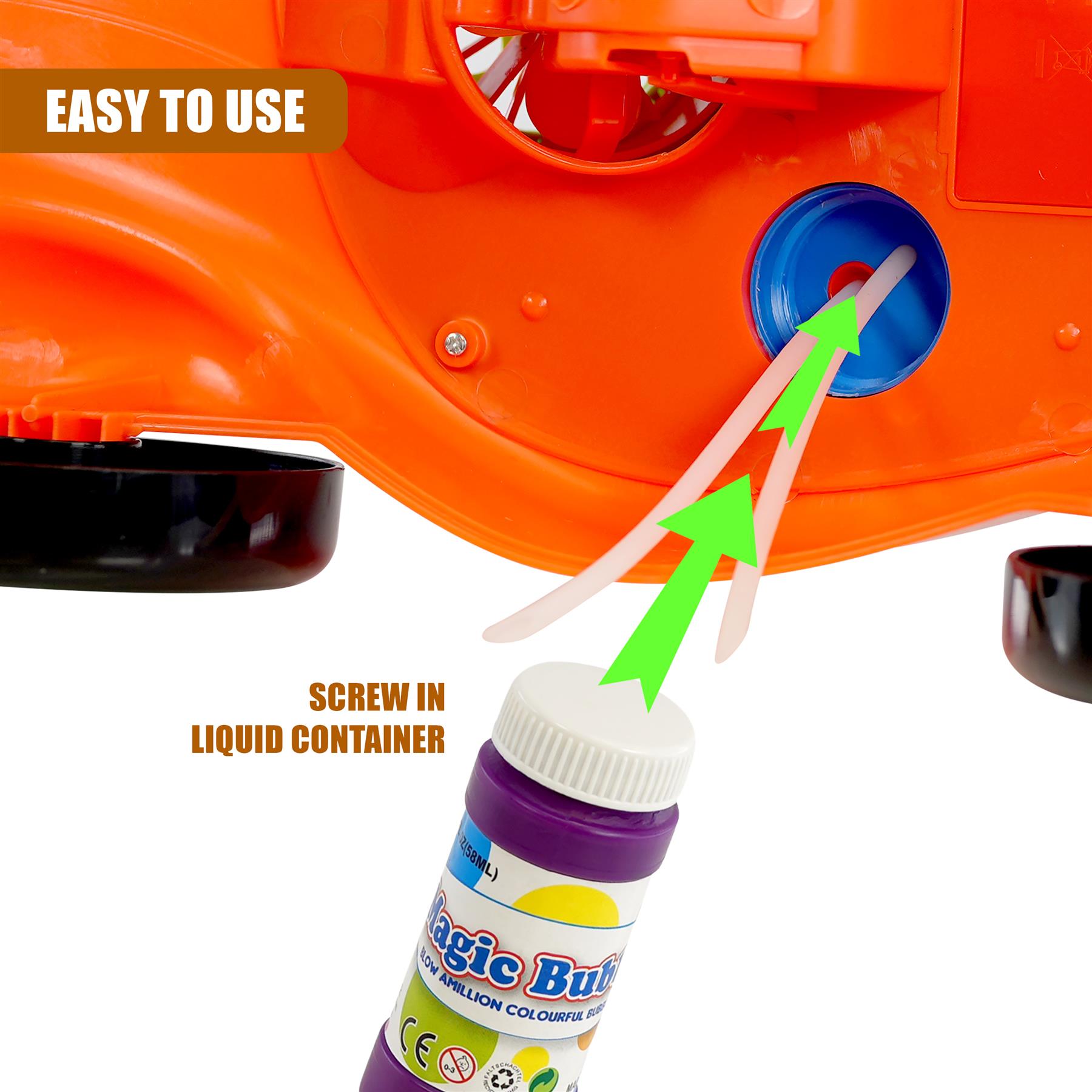 Diagram shows attaching a liquid bubble bottle to the orange plastic mower toy.