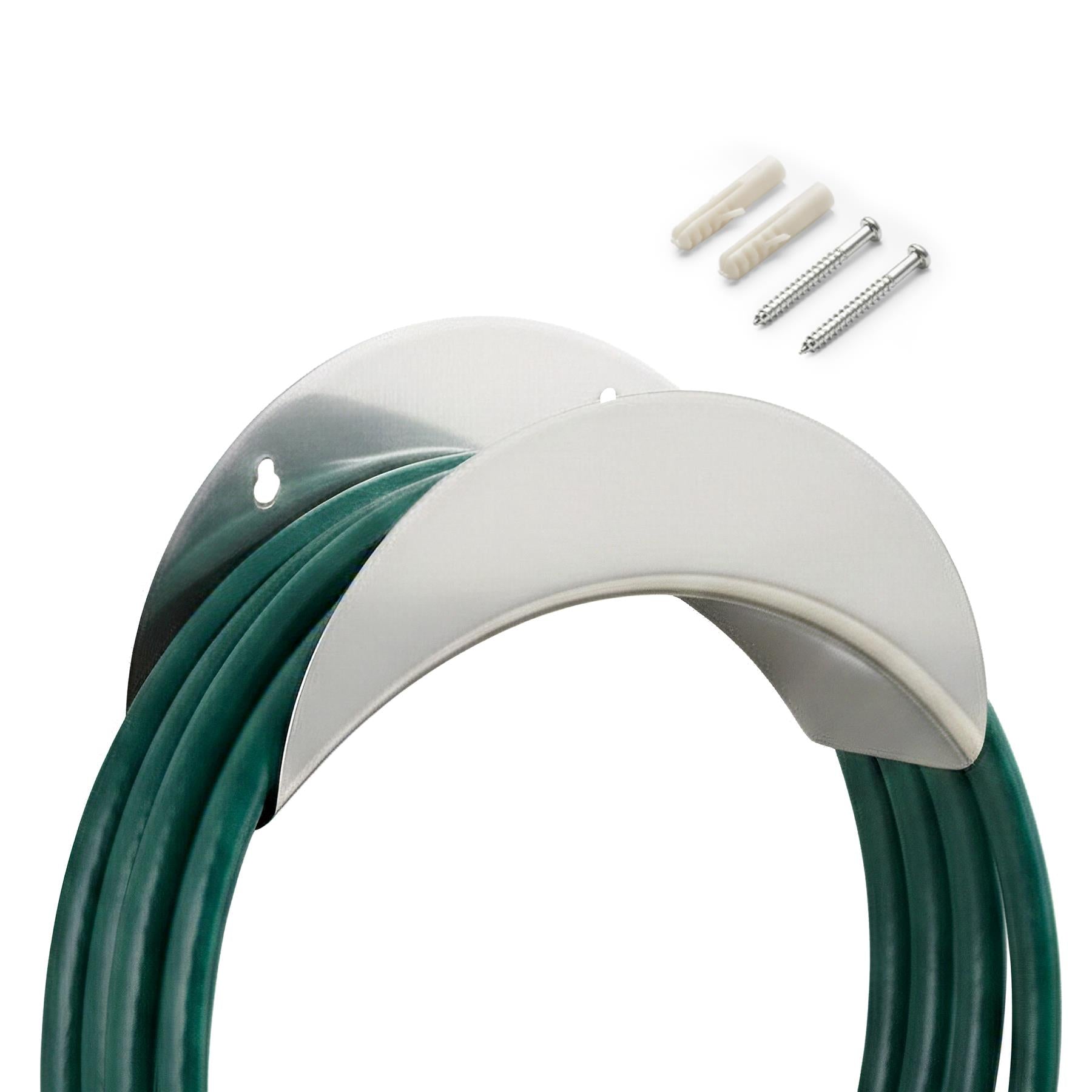 A white curved metal holder supports coiled green garden hose and included mounting hardware.