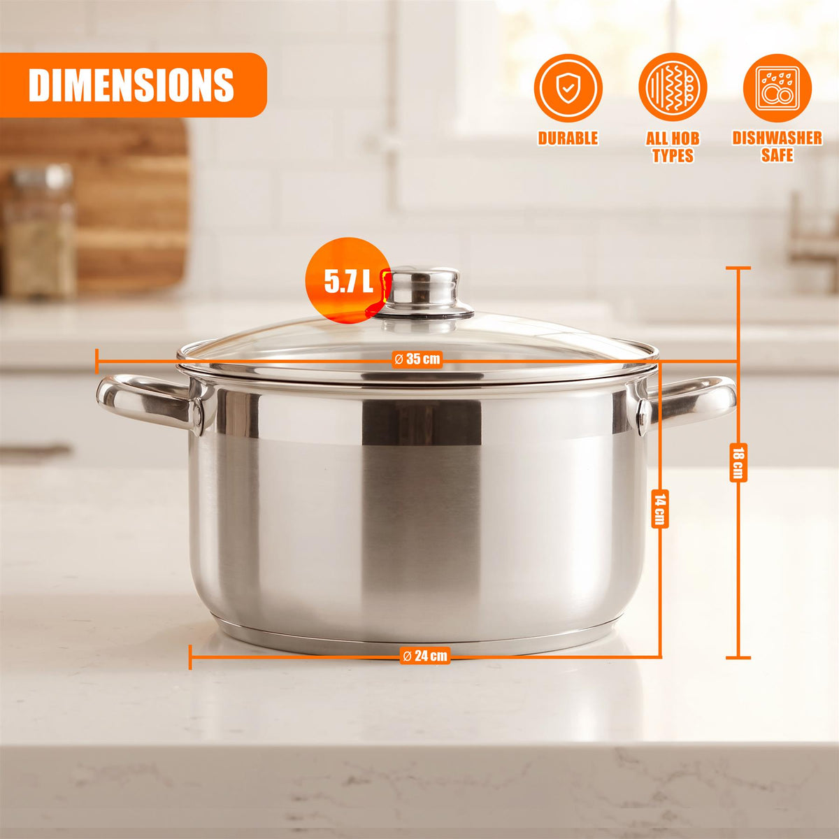 Stainless Steel Stock Pot with Lid - 5.7 L