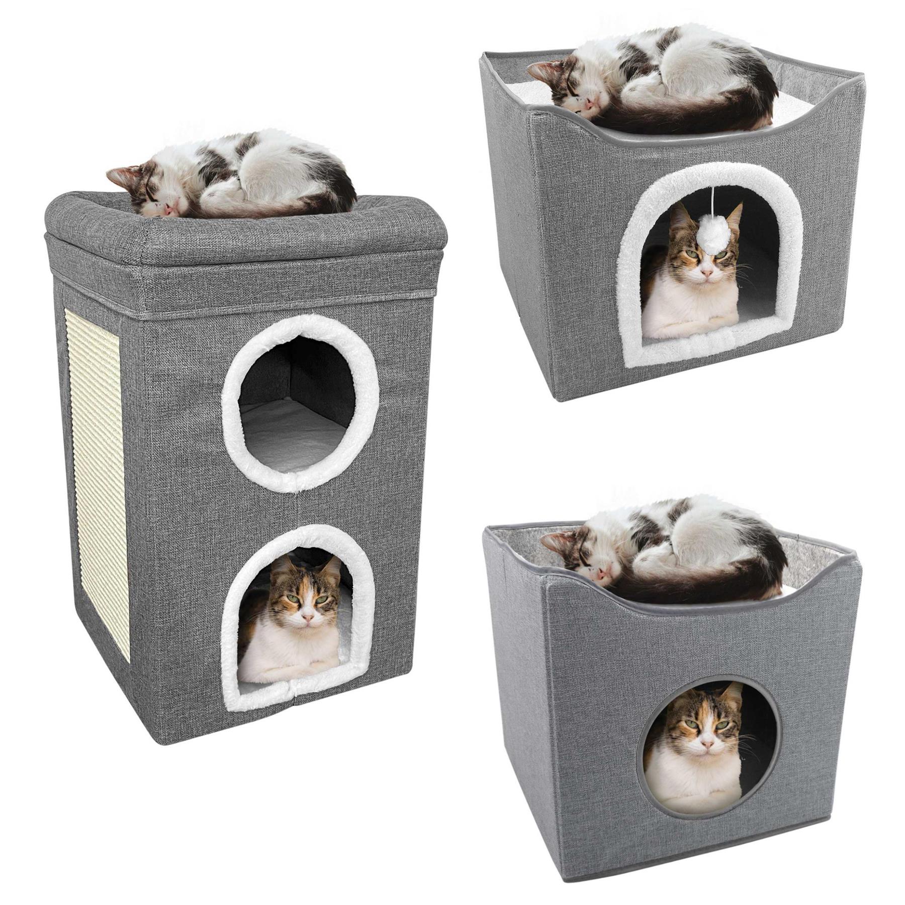 A grey, fabric cat tower with multiple levels, featuring a sleeping cat on top and a cat in a lower-level window. The tower has a central column with a cat bed and a window on each side. - The Magic Toy Shop