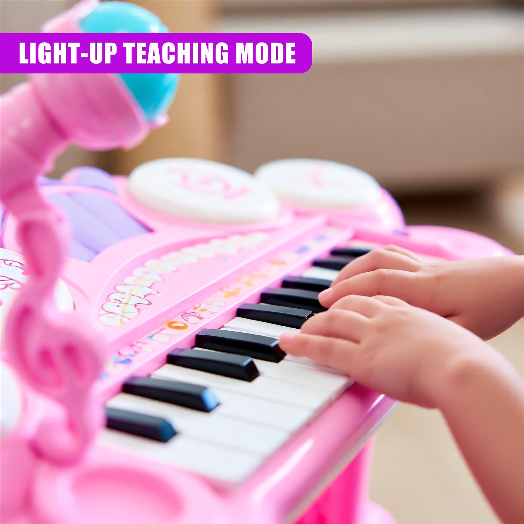 Pink Piano Toy with Microphone and Stool