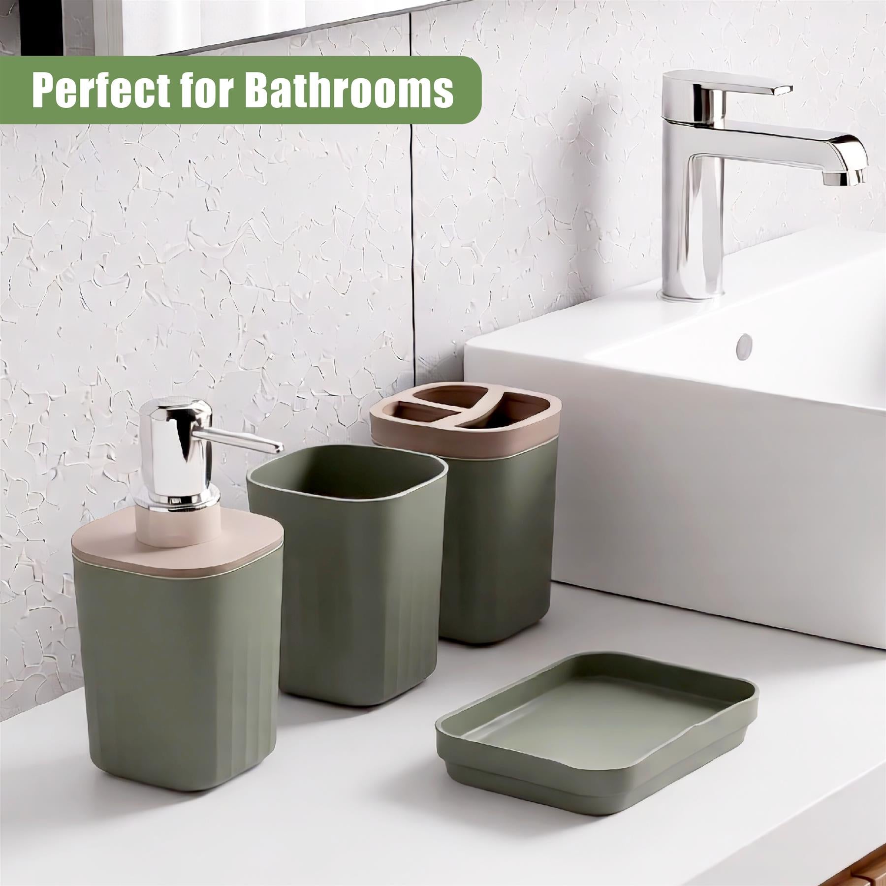 Sage green bathroom accessories set containing a soap dispenser, soap dish, tumbler, and storage organizer.