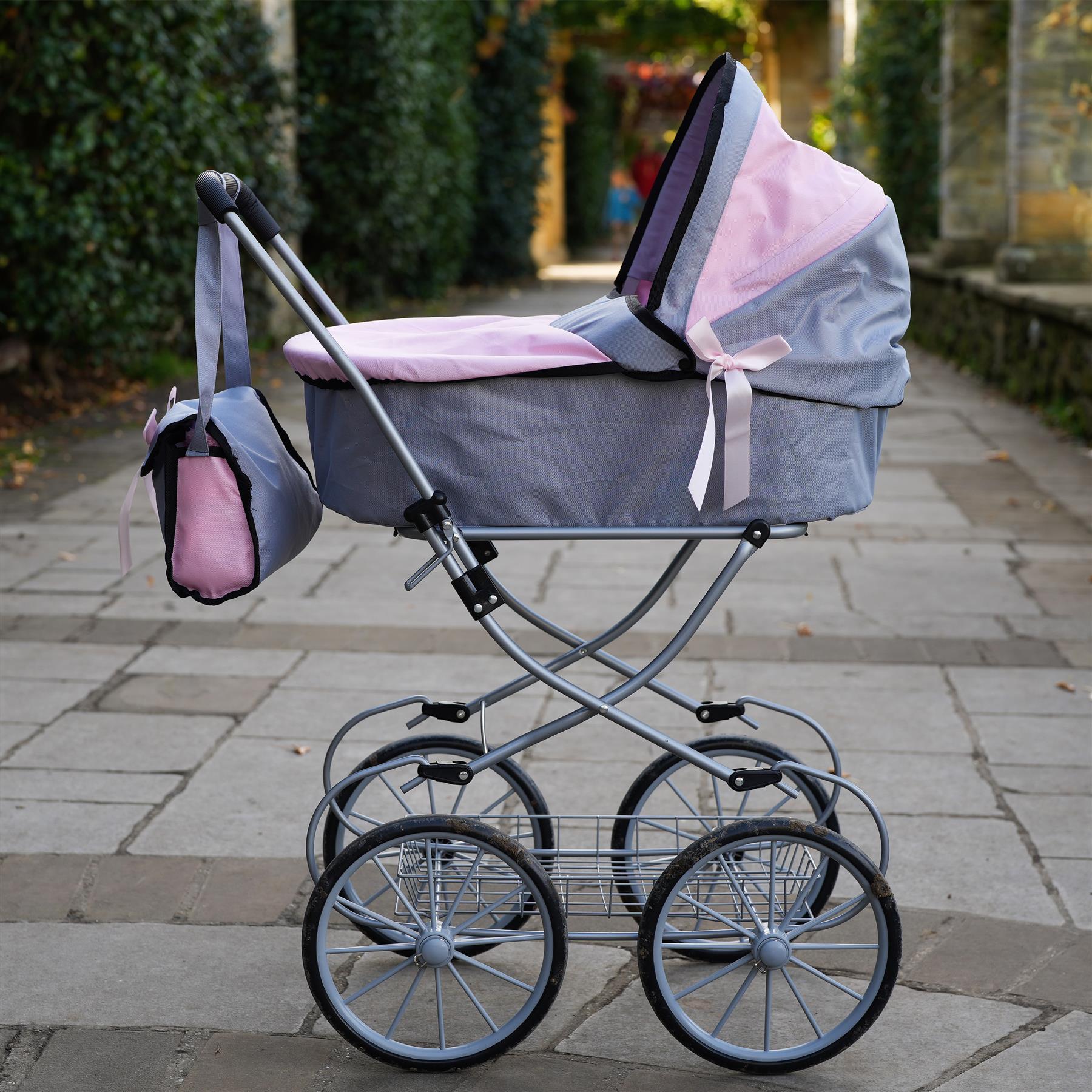 Pink and Grey Vintage Cambridge Doll Pram by BiBi Doll - The Magic Toy Shop
