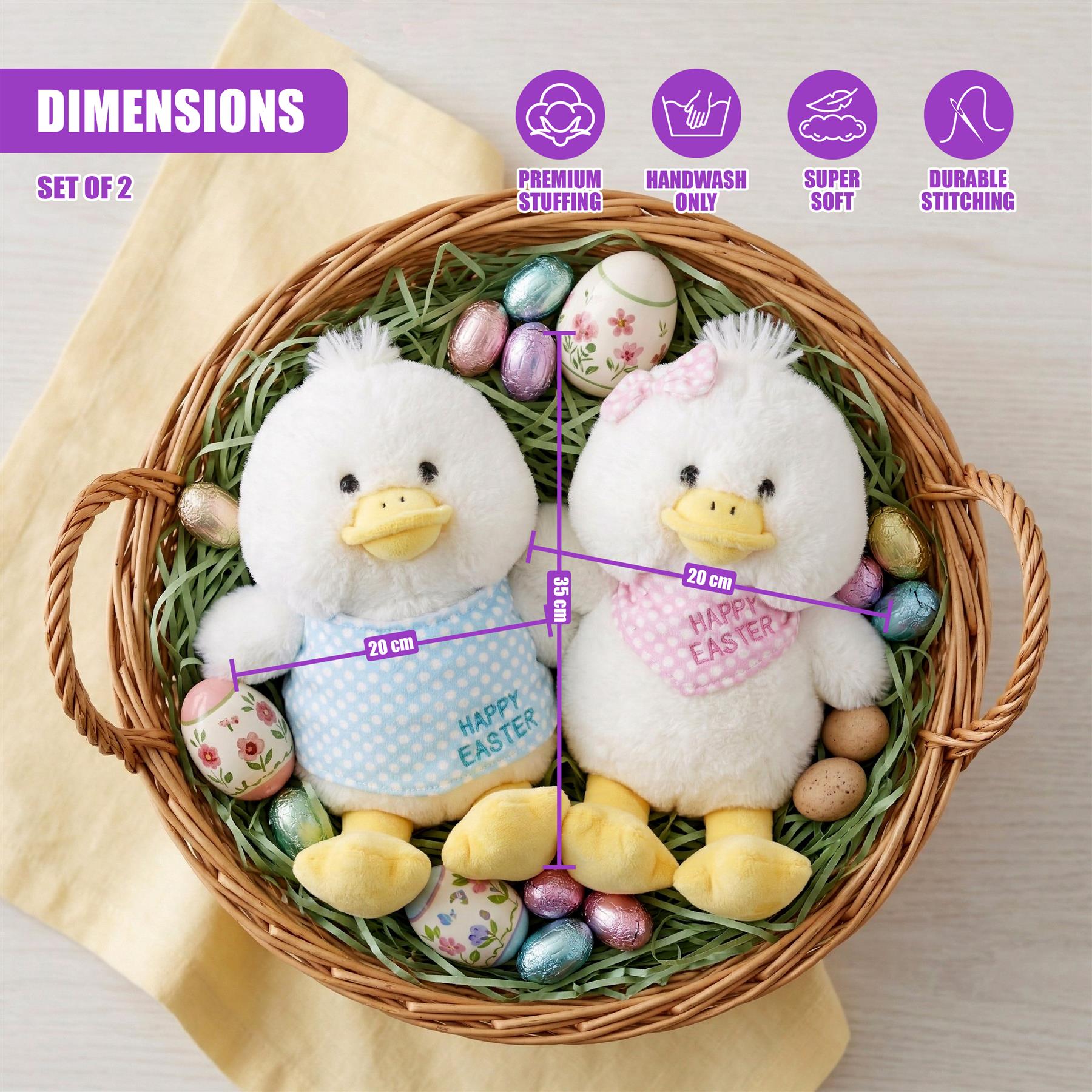 Two white plush chicks sit in a woven basket with green nest material and painted pastel eggs.