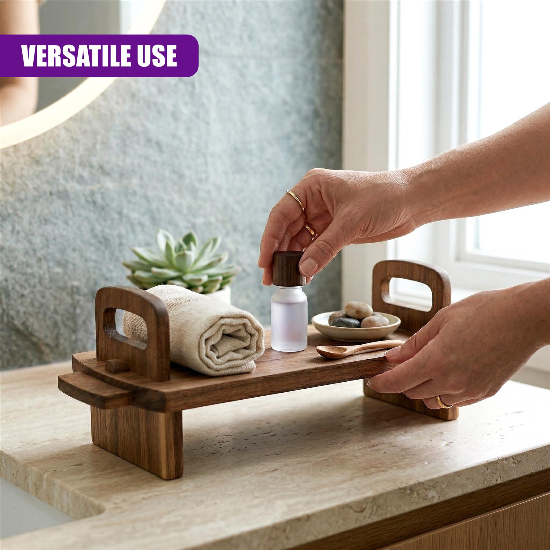 Wooden platter holding rolled cloth, soap bottle, and small bowl of decorative stones and scoops.