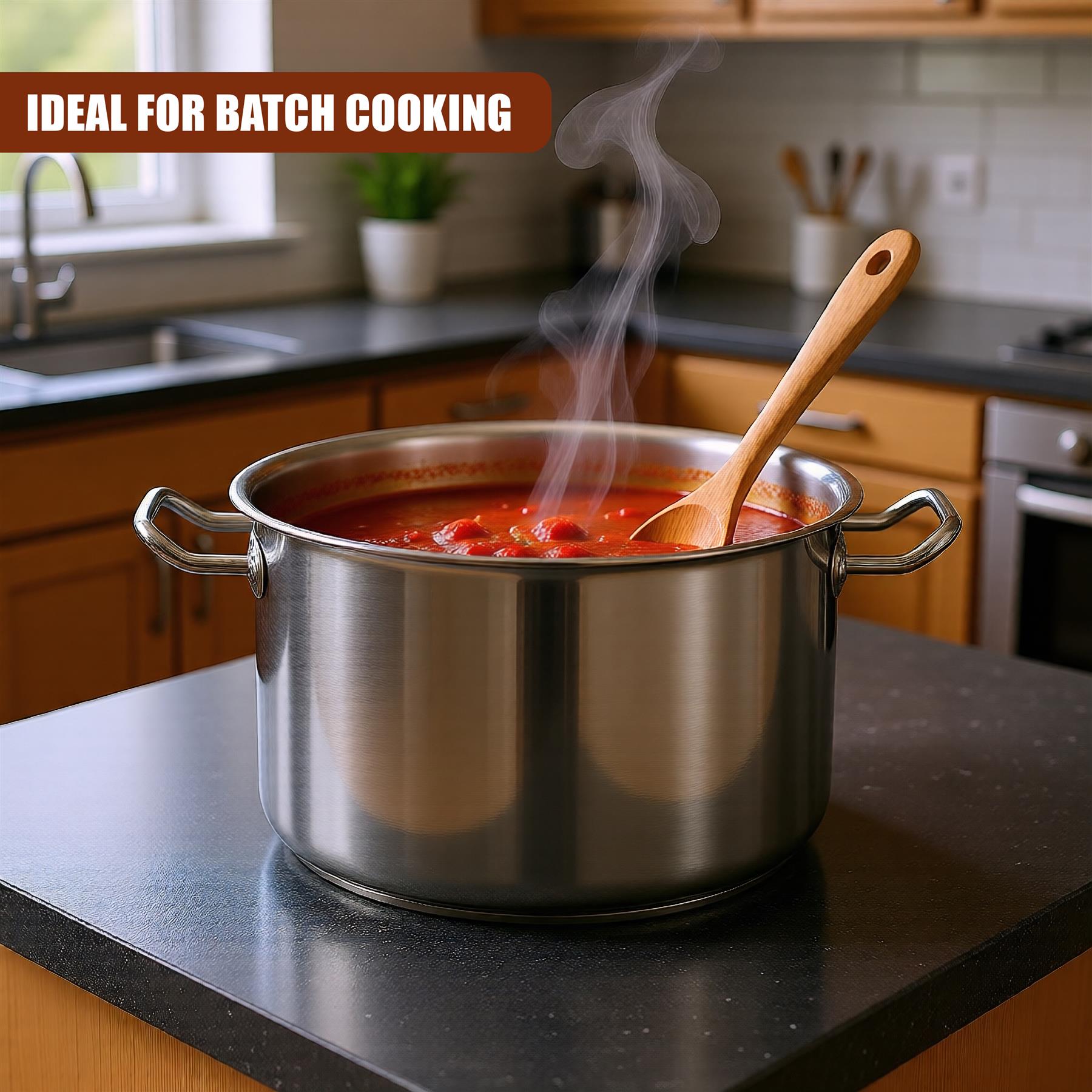 A large stainless steel pot holds red liquid that is steaming, viewed with a wooden spoon.