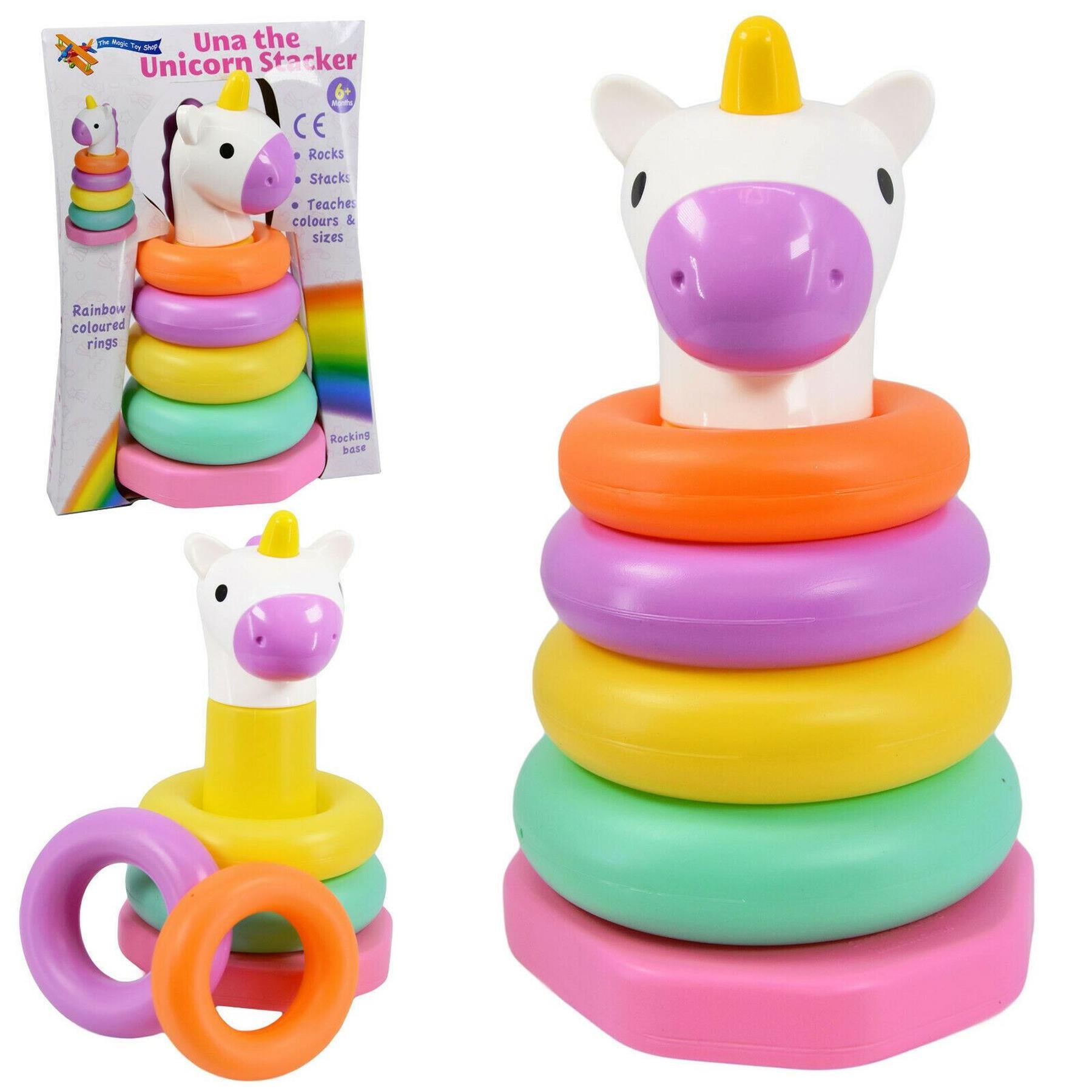 A giraffe figurine attached to five stacked rings in purple, orange, yellow, green, and pink colors.