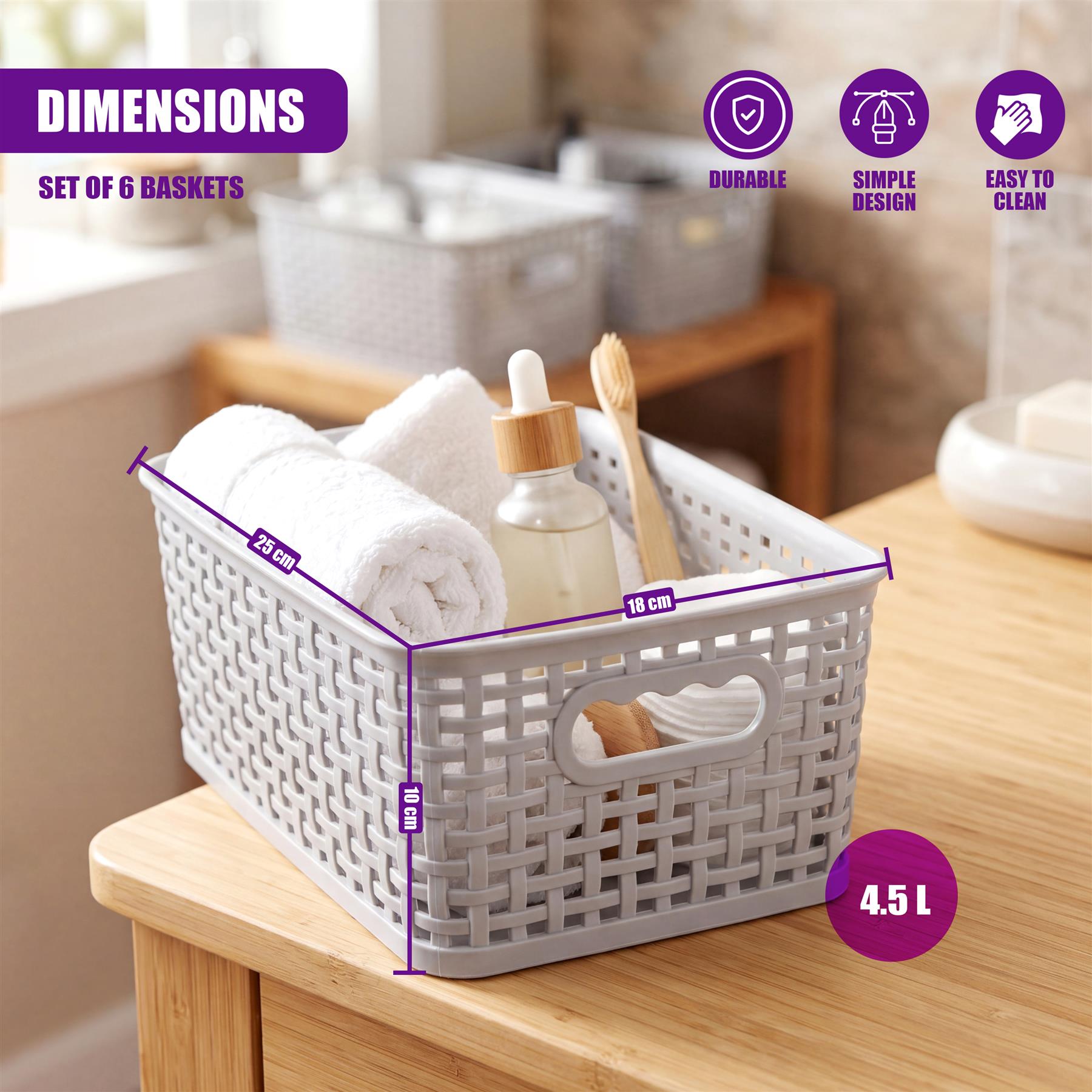 Gray woven storage basket holding rolled towels and bottles, with dimensions labeled on the wooden surface.