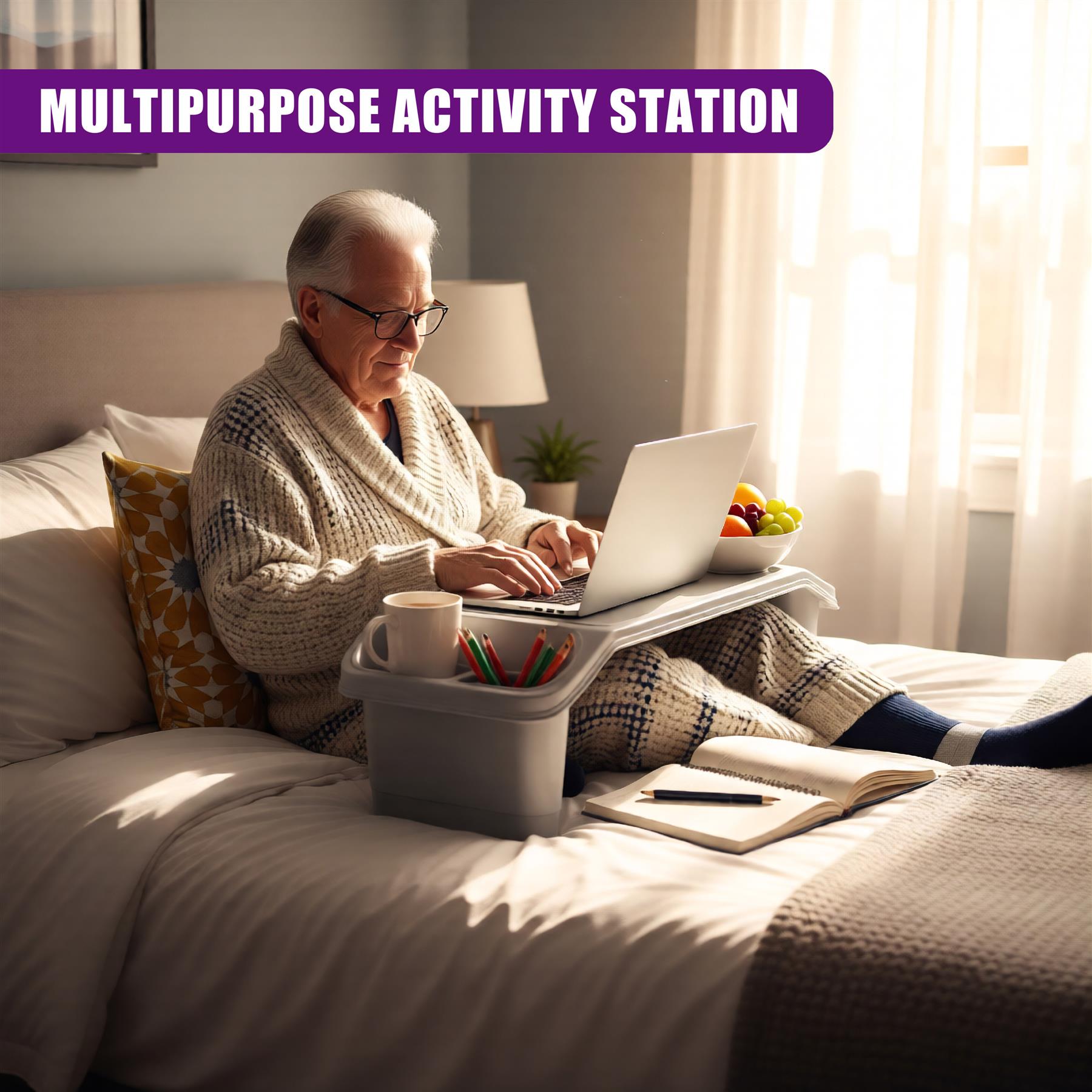 A senior man sits comfortably in bed, using a lap tray to work on his laptop. The tray has a built-in cup holder and storage for his laptop, laptop stand, and other essentials. He's surrounded by a laptop, a laptop stand, a cup of coffee, a book, a notebook, and a bowl of fruit. - The Magic Toy Shop