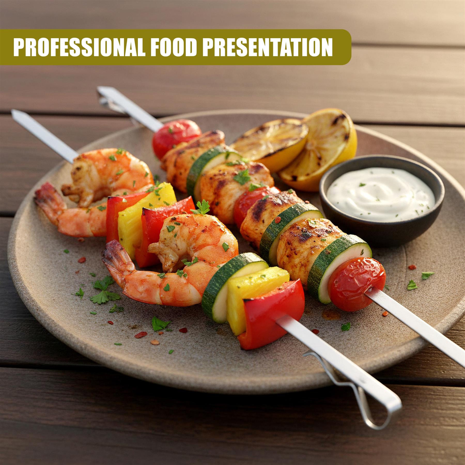 Skewers holding grilled food, including shrimp and vegetables, arranged on a serving platter.