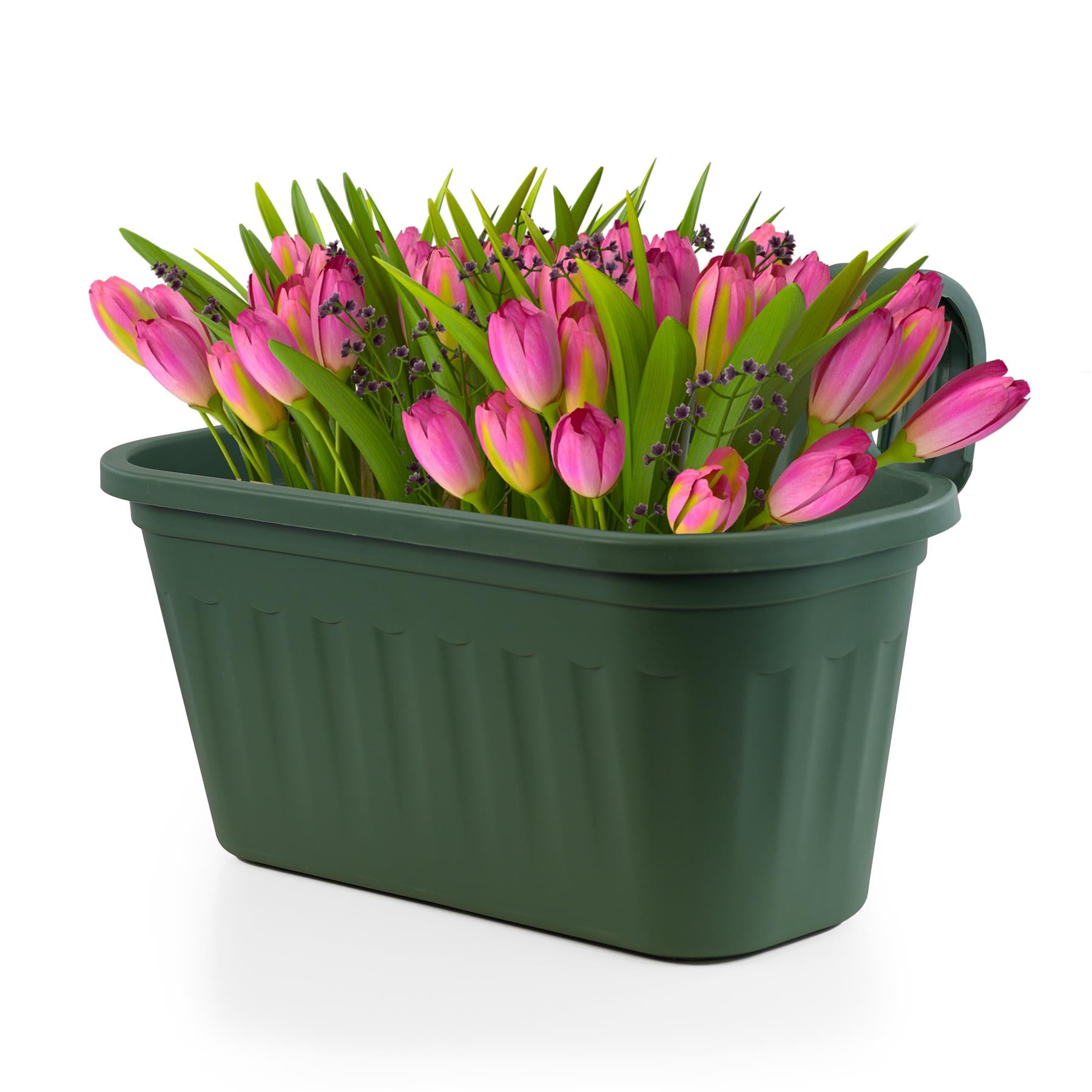 A green plastic storage container filled with pink tulips and small purple flowers. - The Magic Toy Shop