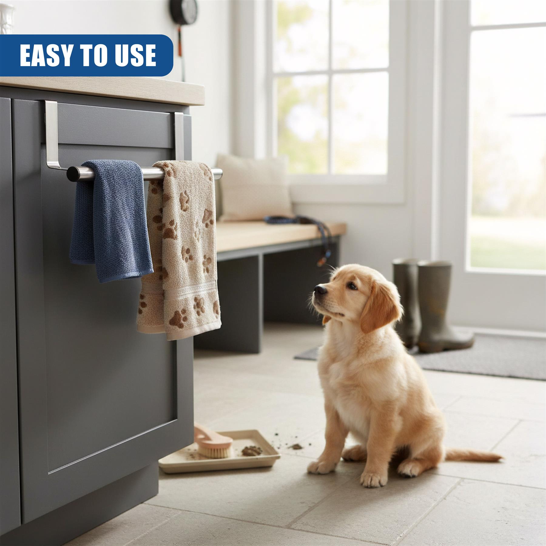 Towel rail holding two towels is attached to a dark gray cabinet near a seated golden retriever.