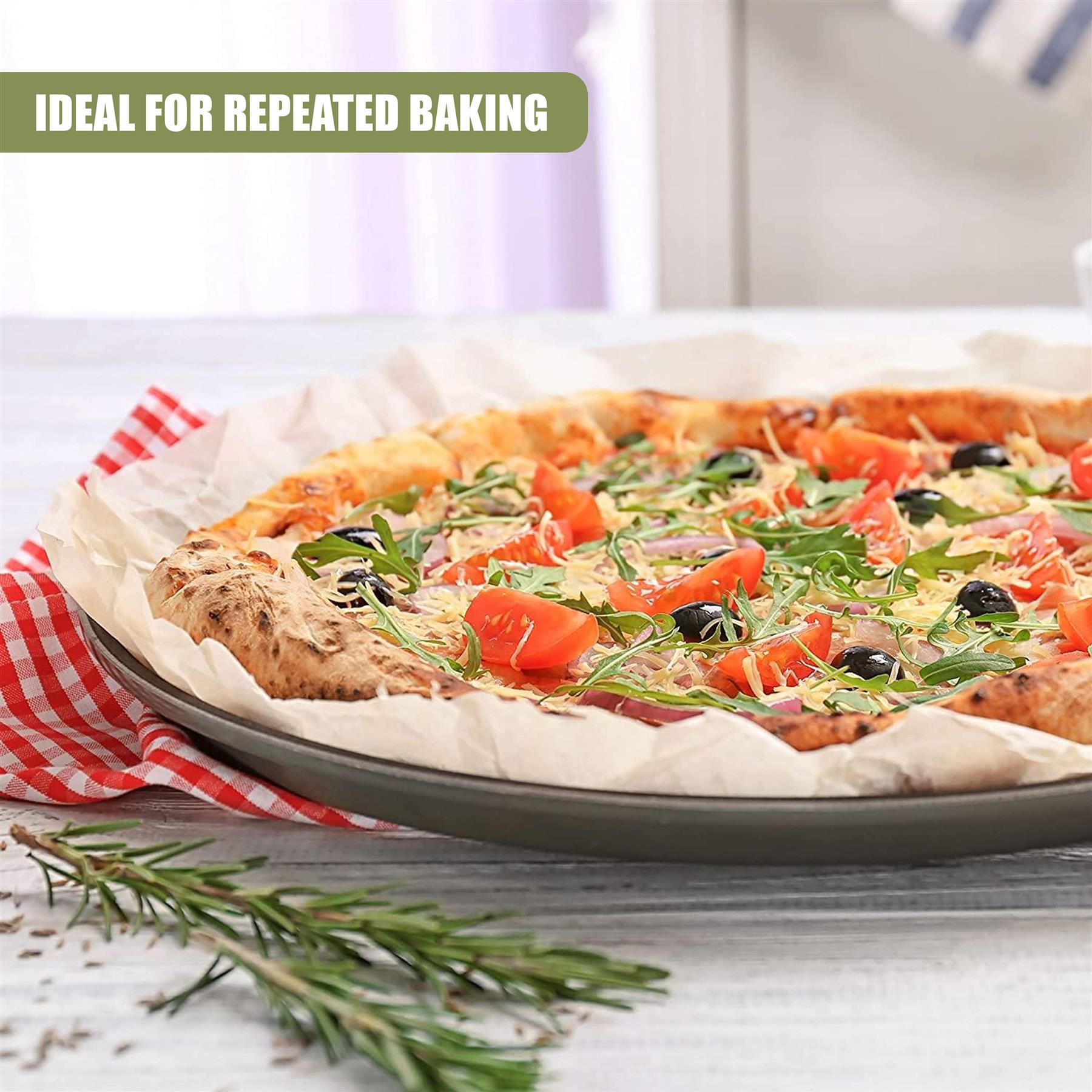 "A set of three non-stick pizza trays for perfected baking, with a red and white checkered tablecloth in the background." - The Magic Toy Shop