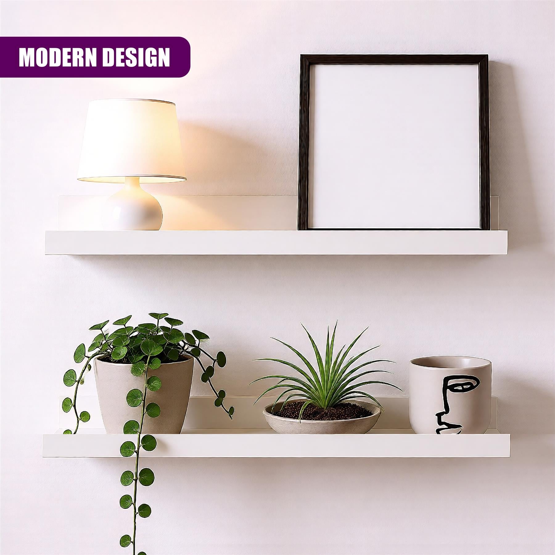 A modern design shelf with two shelves, one holding a lamp and a frame, and the other with a plant, a small bowl, and a cup. - The Magic Toy Shop