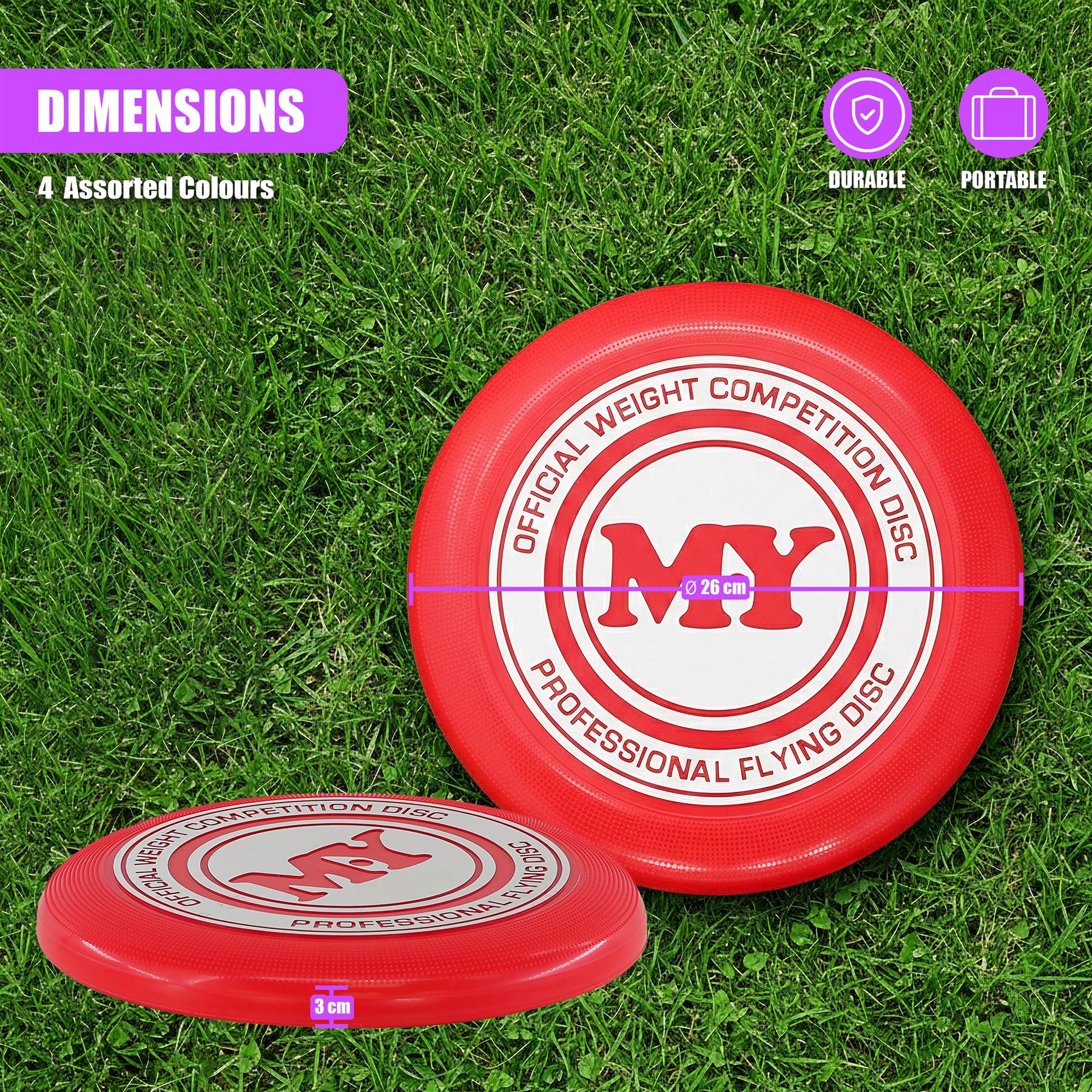 Two red flying discs are displayed on green grass, illustrating different official weight competition dimensions.