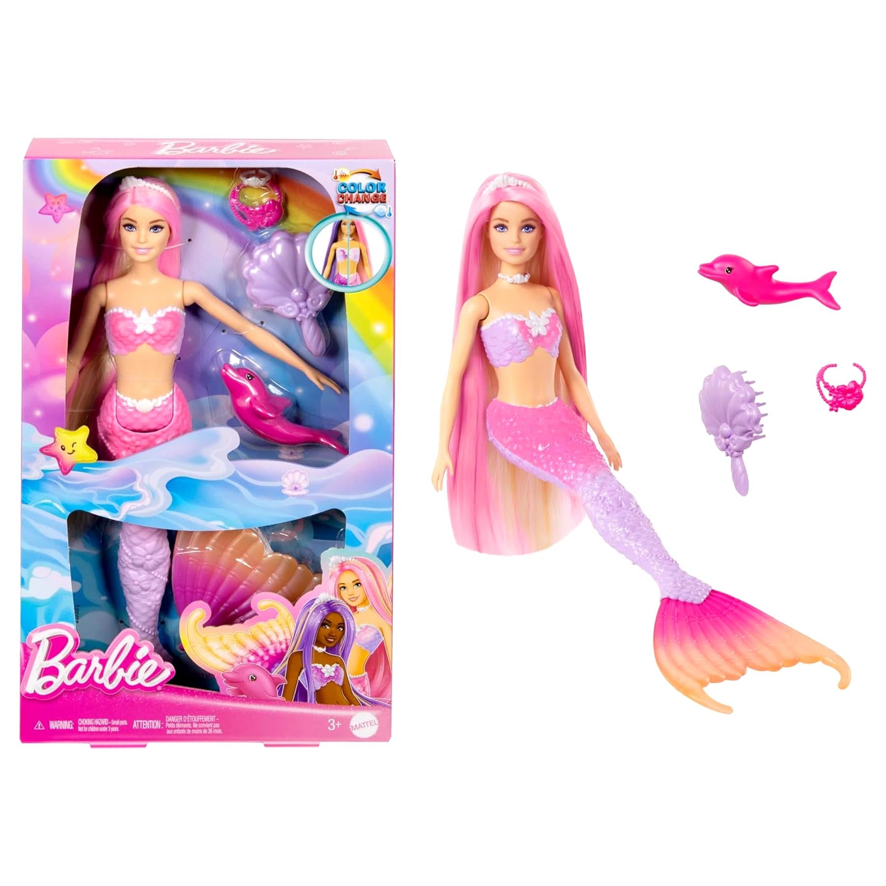 Boxed Barbie mermaid doll set and a separate pink mermaid doll are shown with various accessories.