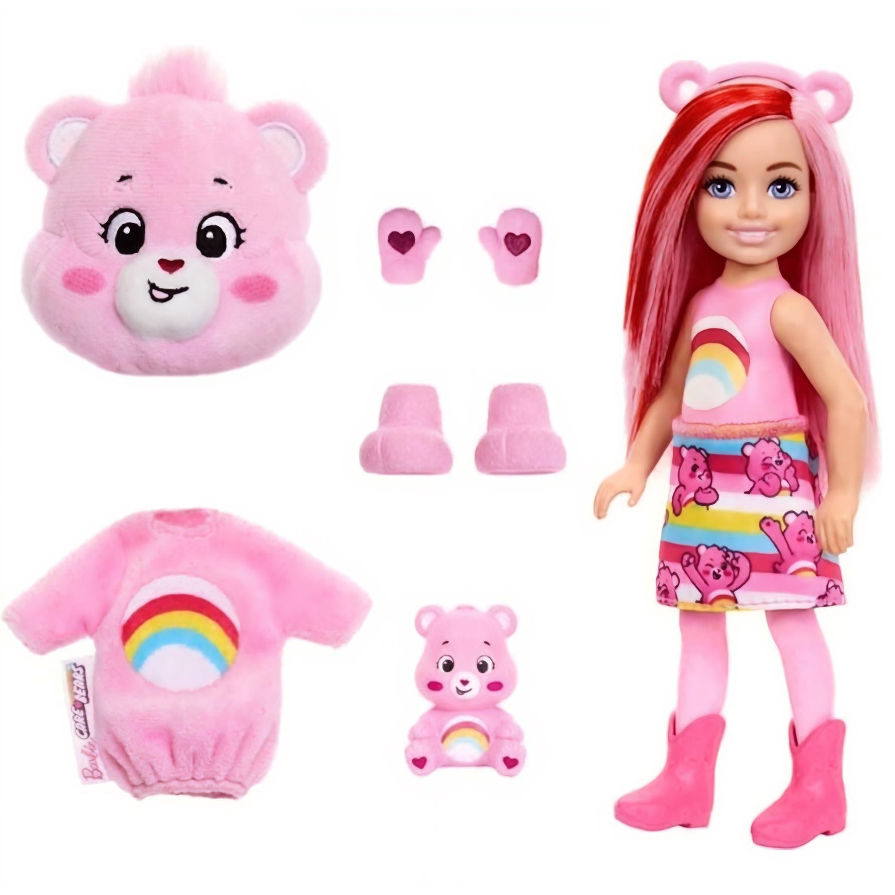 Doll wearing pink and rainbow clothes next to plush Care Bears and matching accessories.