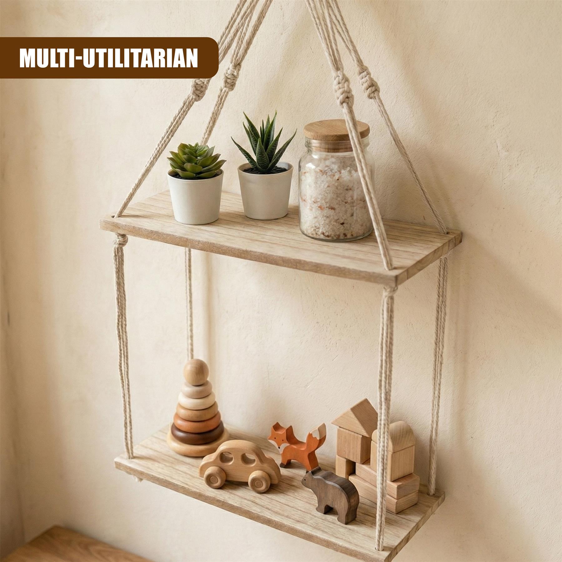 A wooden, two-tiered shelf with a rope and wooden dowel support system, suspended from the ceiling. The shelf has a natural, rustic look and is suitable for displaying books, plants, and other small items. - The Magic Toy Shop