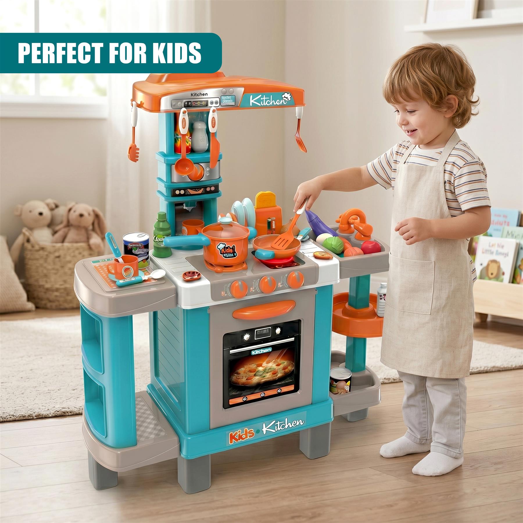 Boy playing with a colorful plastic kitchen set that includes a stove, sink, and various accessories.