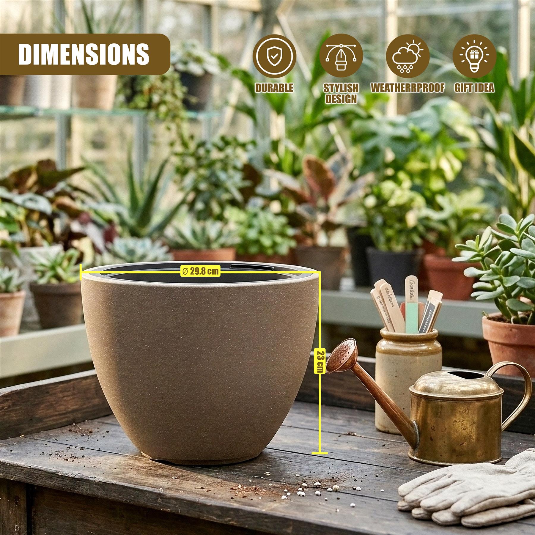 Beige, oval pot measuring 29.8 cm sits on a wooden surface surrounded by indoor potted plants.
