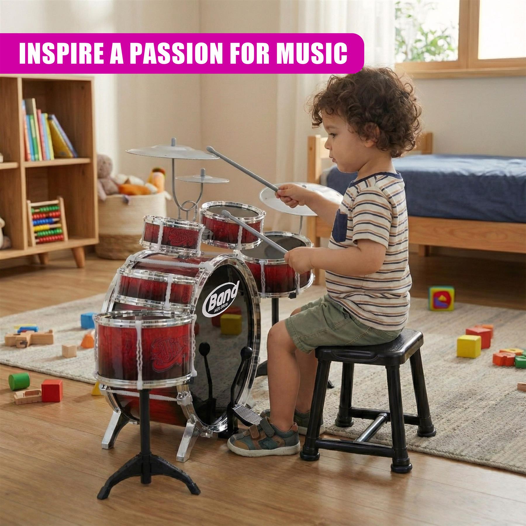 Kids Drum Kit With Stool 10 Piece