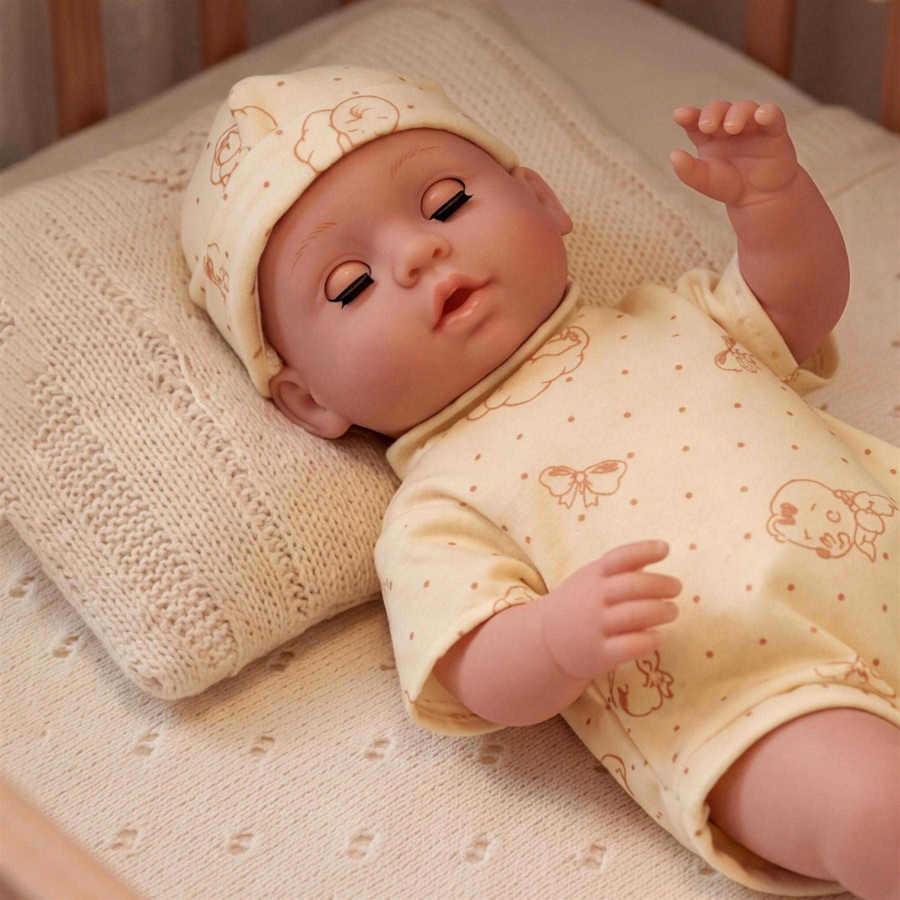 Light yellow outfit baby doll rests on a textured beige pillow, wearing a matching cap.