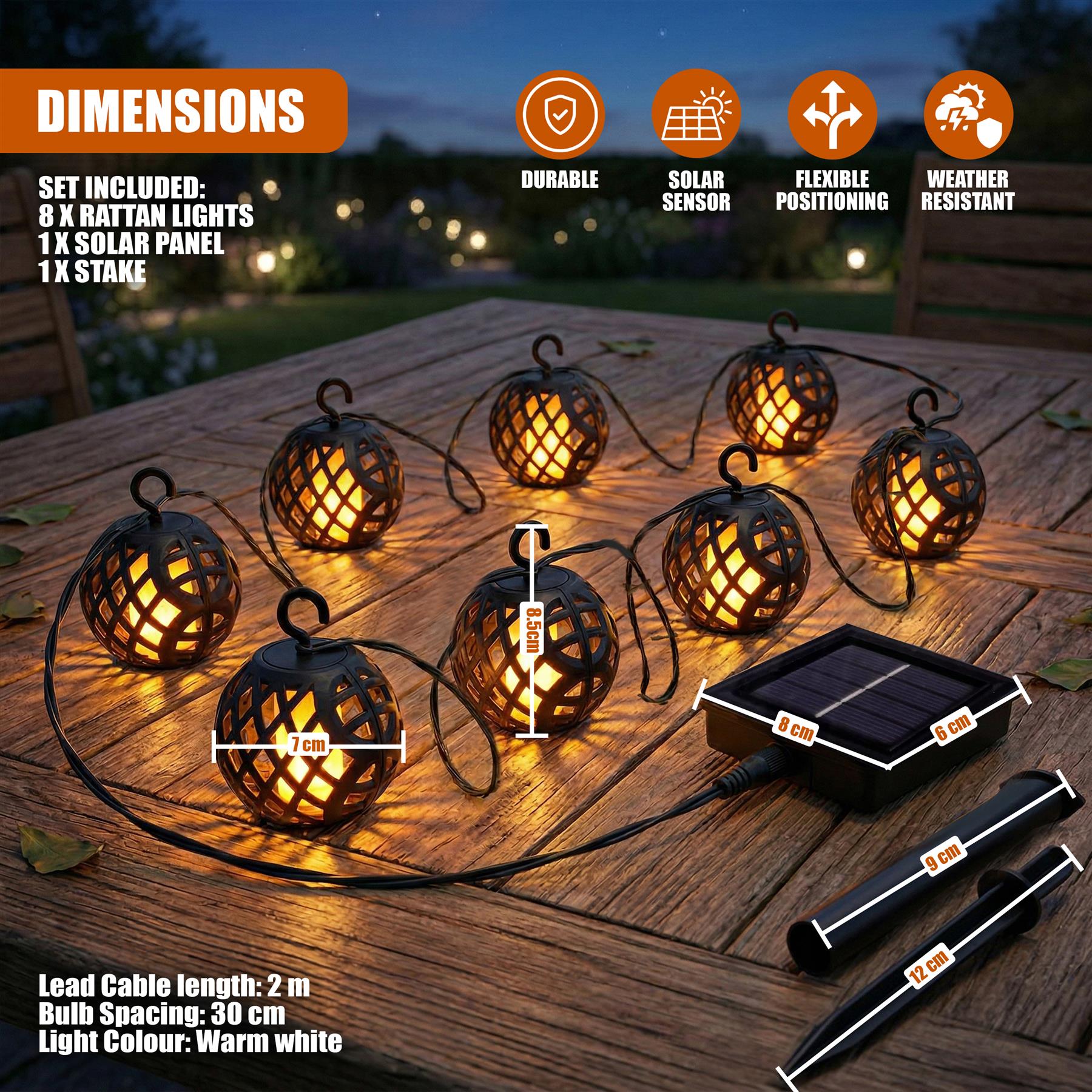 Multiple rattan solar string lights, solar panel, and stakes are displayed on a wooden surface.
