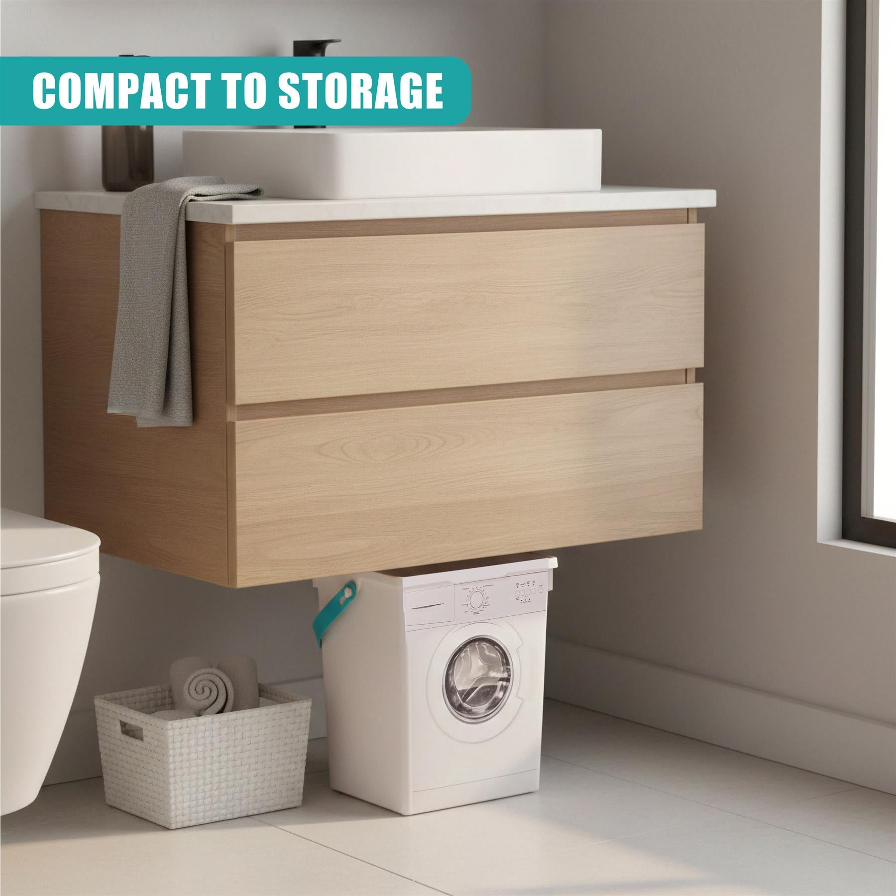 Light wood vanity cabinet with two drawers and sink, situated above a washing machine and toilet.