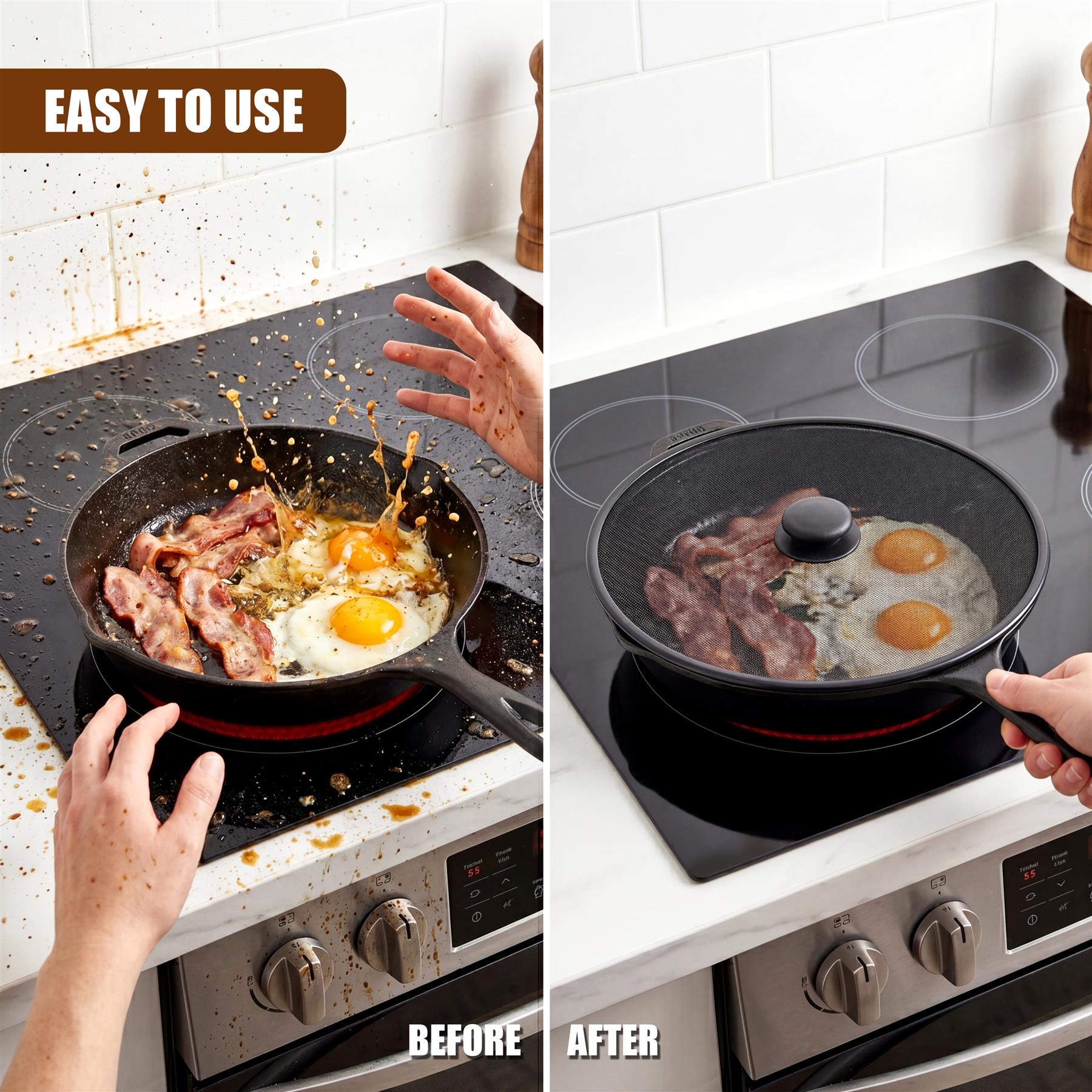 Image shows cooking food on a stove; the "after" panel includes a protective splatter screen.